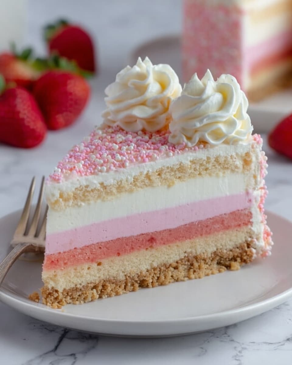 A slice of layered strawberry dessert is placed on a white plate on a white marbled surface. The dessert has five layers: a light tan crumbly base at the bottom, followed by a pink creamy layer, then a white creamy layer, next a thin pink layer, and topped with a thick white whipped cream layer. On top, there are two swirls of whipped cream and sprinkled pink crumbs. Fresh strawberries and a fork are blurred in the background. Photo taken with an iphone --ar 4:5 --v 7