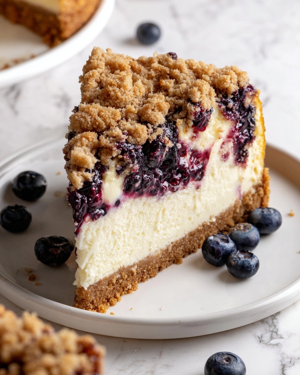 A slice of crumb-topped cheesecake sits on a white plate with a white marbled background, showing three clear layers: a light golden brown crumbly crust, a thick creamy white cheesecake filling in the middle, and a crumbly, textured golden brown topping mixed with dark purple blueberries that are slightly spilling into the cheesecake layer. The main cake is in the foreground, with the slice slightly rotated to show its height and texture, and a few loose blueberries are scattered around the plate. Photo taken with an iphone --ar 4:5 --v 7