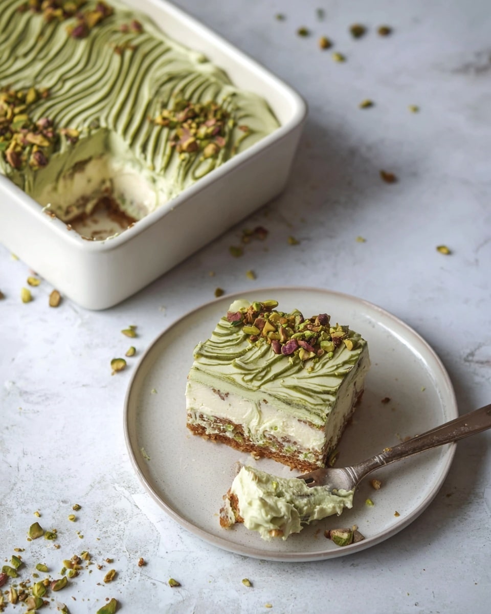 A rectangular slice of cake sits on a white plate, showing three visible layers: a light brown bottom cake layer, a thick creamy pale green middle layer, and a smooth pale green top layer decorated with dark green swirl patterns and sprinkled chopped pistachio nuts along the edges. The cake is served from a white baking dish, which holds the remaining cake with a section missing. The top surface of the cake in the baking dish mirrors the same smooth pale green topping with dark green swirls and pistachio crumbs around the border. A fork on the plate has cream and crumbs on it, and some crumbs and traces of cream are scattered around on the white marbled surface beneath. Photo taken with an iphone --ar 4:5 --v 7