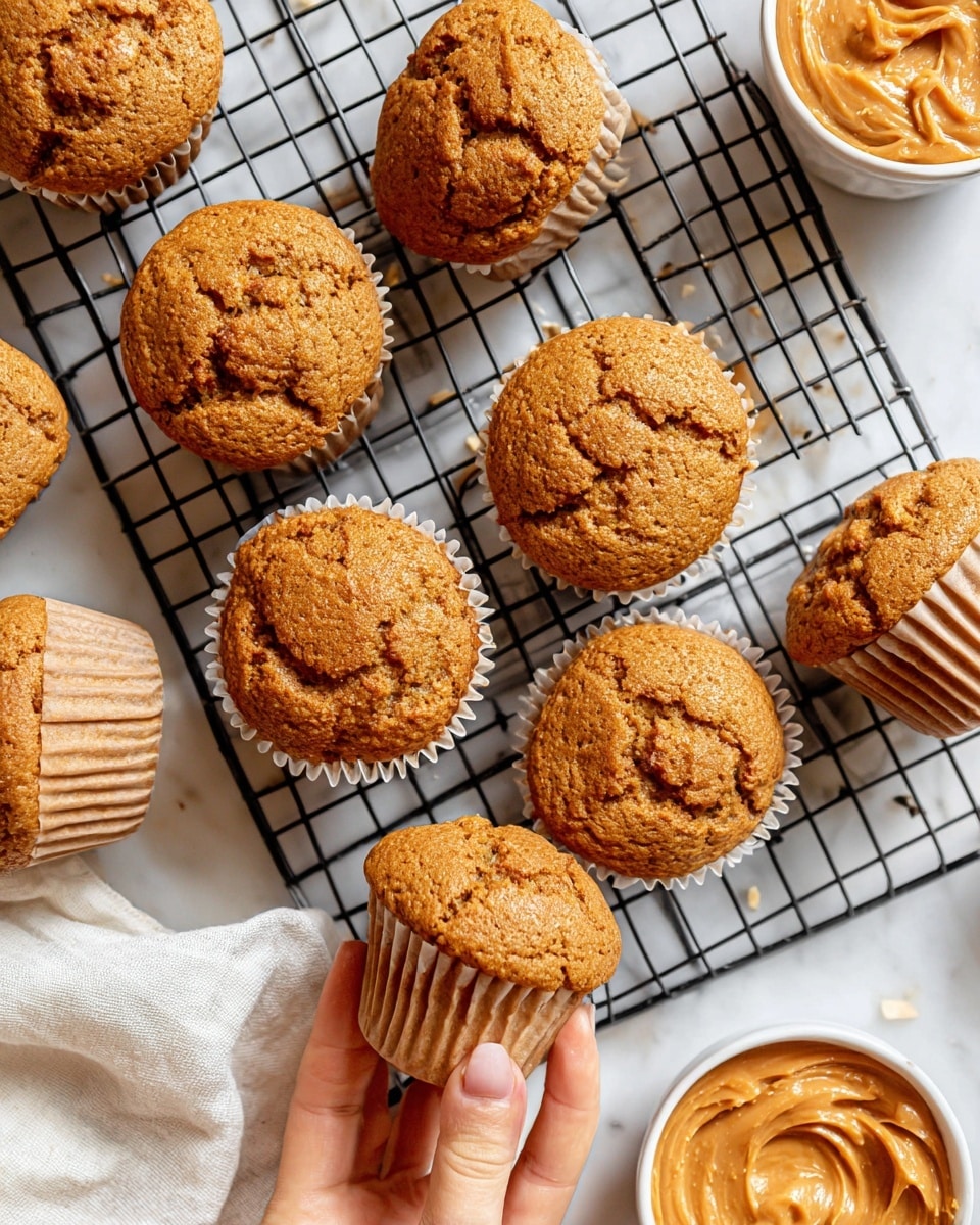 The image shows a cooling rack with several golden-brown muffins that have cracked, textured tops, showing a soft, moist inside. The muffins are in plain white baking paper liners, sitting on a cooling rack above a white marbled surface. On the top right, there are two small round white bowls, one filled with creamy peanut butter and the other with smooth orange spread. In the bottom left corner, a woman's hand is gently holding one muffin. The overall scene is bright and warm, with a clean and simple background. photo taken with an iphone --ar 4:5 --v 7