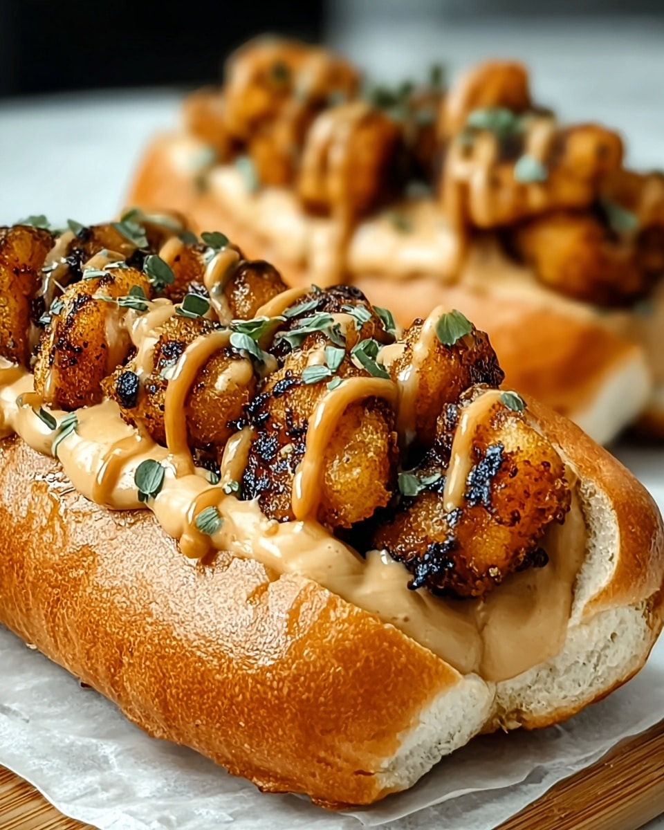 Two hot dog buns filled with deep golden-brown, crispy fried pieces of chicken arranged in a single thick layer inside each bun. The buns are soft and light brown on the outside with a fluffy white inside. A creamy, light tan sauce with specks of red is generously drizzled over the chicken in zigzag lines and also spread along the bottom inside of the buns. Small green herb leaves are sprinkled on top of the sauce-covered chicken. The sandwiches are placed side by side on white parchment paper on a white marbled surface. photo taken with an iphone --ar 4:5 --v 7