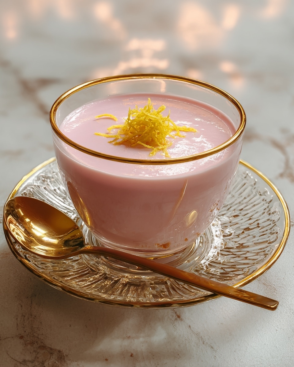 A clear glass cup with a gold rim is filled with a smooth, light pink creamy dessert. On top, there is a small pile of thin, bright yellow zest strips. The cup sits on a clear glass saucer with a textured gold pattern. A shiny gold spoon rests on the saucer, next to the cup. The setting is on a white marbled surface with soft lighting. photo taken with an iphone --ar 4:5 --v 7
