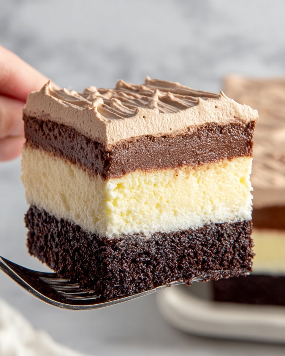 A square piece of layered dessert is held by a metal fork. The bottom layer is dark brown and thick, looking like a moist chocolate cake base. Above it is a creamy, pale yellow layer that appears soft and smooth, resembling cheesecake. On top of that is another dark, moist chocolate cake layer, followed by a thick, light brown, fluffy mousse layer with a slightly uneven and glossy surface. The background shows more of the same dessert, placed on a surface with a white marbled texture. Photo taken with an iphone --ar 4:5 --v 7