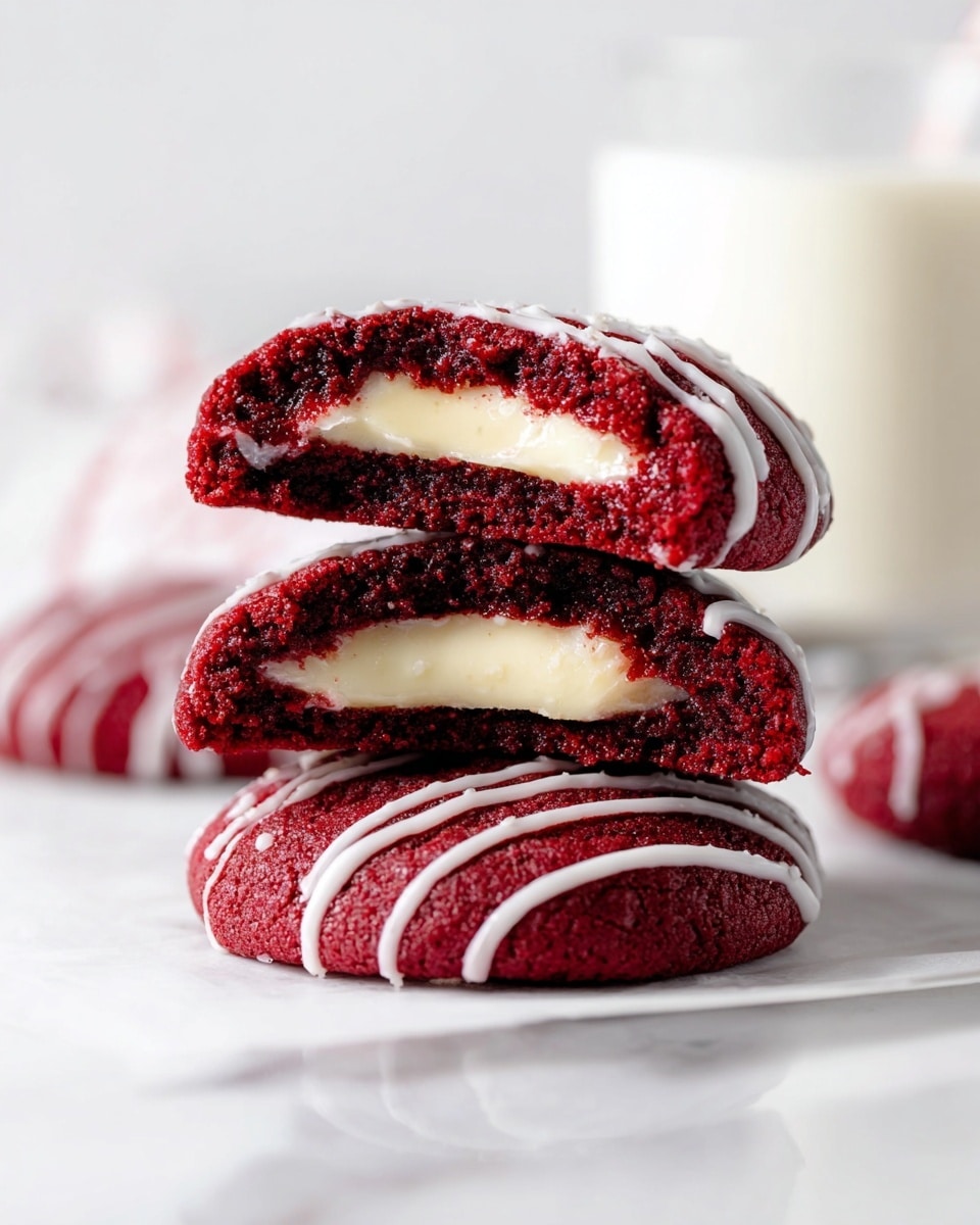 The image shows three deep red cookies stacked on top of each other on a white marbled surface. Each cookie is soft with a dense texture and has a creamy white filling layer visible inside, contrasted by the dark red cookie. The tops of the cookies have thin white icing drizzles in a simple pattern. In the blurred background, there is a glass of milk. The overall scene is bright with natural lighting. photo taken with an iphone --ar 4:5 --v 7