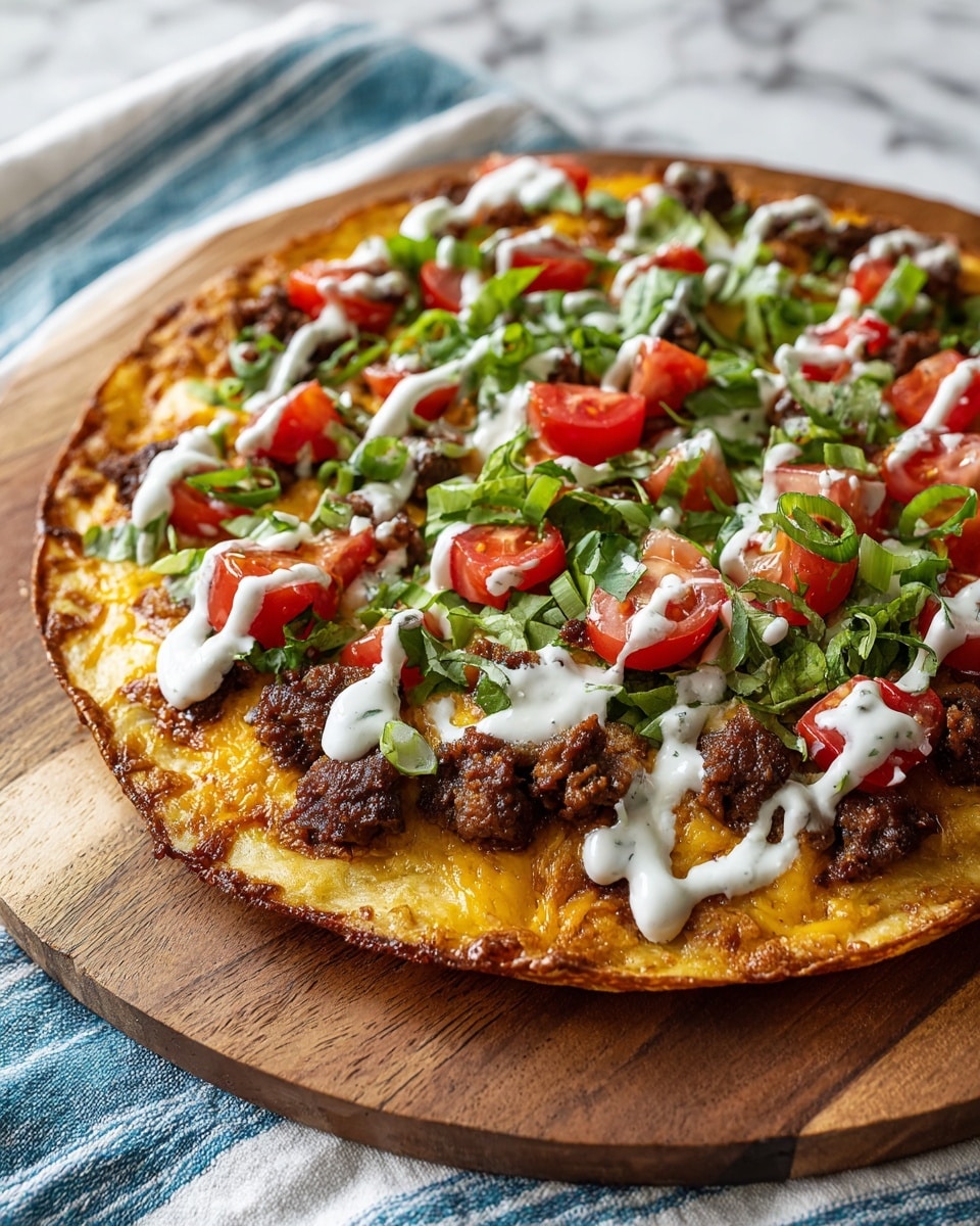 A round pizza with a golden-brown thin crust forms the base layer, topped with melted light yellow cheese. Scattered on top are crumbled dark brown meat pieces, followed by juicy red tomato chunks and fresh green lettuce leaves spread evenly. Thinly sliced green onions add a touch of bright green color, all drizzled with white creamy dressing. The pizza is placed on a round wooden board resting on a blue and white striped cloth, with a white marbled surface underneath. Photo taken with an iphone --ar 4:5 --v 7