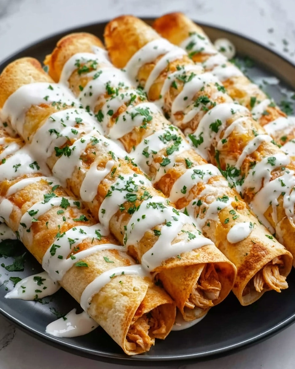The image shows six rolled tortillas filled with a reddish-orange chicken mixture, placed on a white plate. Each tortilla is covered with a smooth white sauce drizzle and sprinkled with small green herb pieces. The tortillas have a slightly toasted texture with some darker browned spots. The plate is set on a white marbled surface, and the dish looks warm and fresh. photo taken with an iphone --ar 4:5 --v 7
