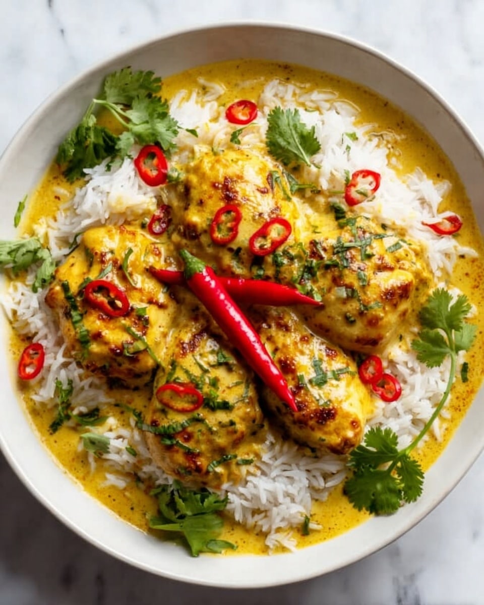 The image shows a white round plate with a bed of white rice covering about half of the plate. On one side, there are thick pieces of golden yellow chicken coated in a creamy sauce with visible small herbs mixed in. The chicken is garnished with thin slices of red chili and fresh green cilantro leaves scattered on top and around the plate. The sauce looks smooth and rich, pooling slightly on the rice side. The whole dish is set on a white marbled surface. Photo taken with an iphone --ar 4:5 --v 7