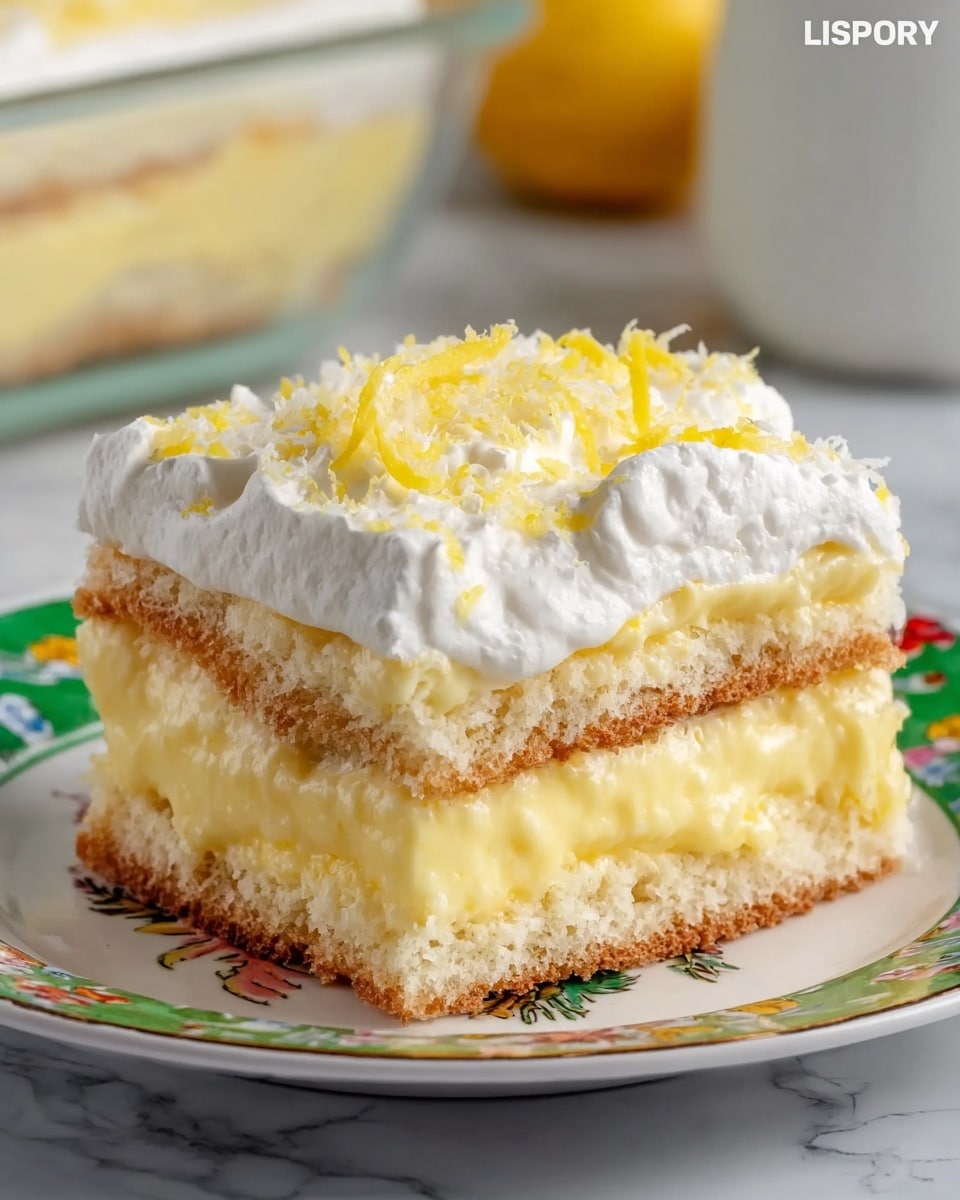 A square slice of a layered dessert sits on a white plate with colorful floral patterns, showing four visible layers: the bottom layer is a light, spongy cake, followed by a thick, creamy pale yellow custard, then another layer of the same sponge cake, topped with a thick layer of white whipped cream sprinkled with finely grated yellow zest. The background features a white marbled texture, with a blurred glass dish holding more of the same dessert. Photo taken with an iphone --ar 4:5 --v 7