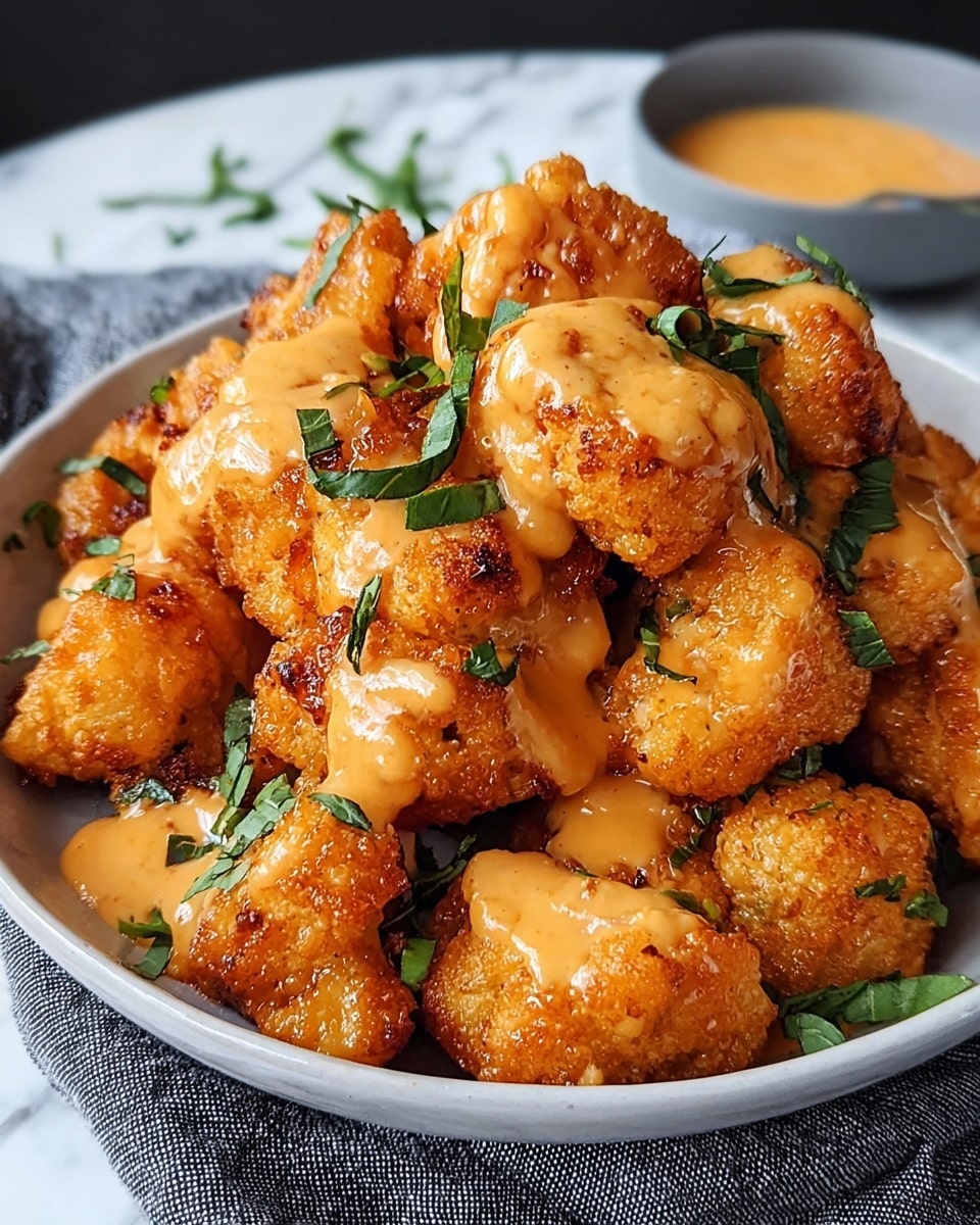 A close-up of a pile of crispy fried cauliflower bites stacked high on a white plate, each piece golden brown with a crunchy texture, generously coated in a creamy orange sauce that drips slightly down the sides, and sprinkled with small green parsley leaves for a fresh touch. The plate sits on a white marbled surface with a soft, blurred background, highlighting the warm colors and textures of the dish. Photo taken with an iphone --ar 4:5 --v 7