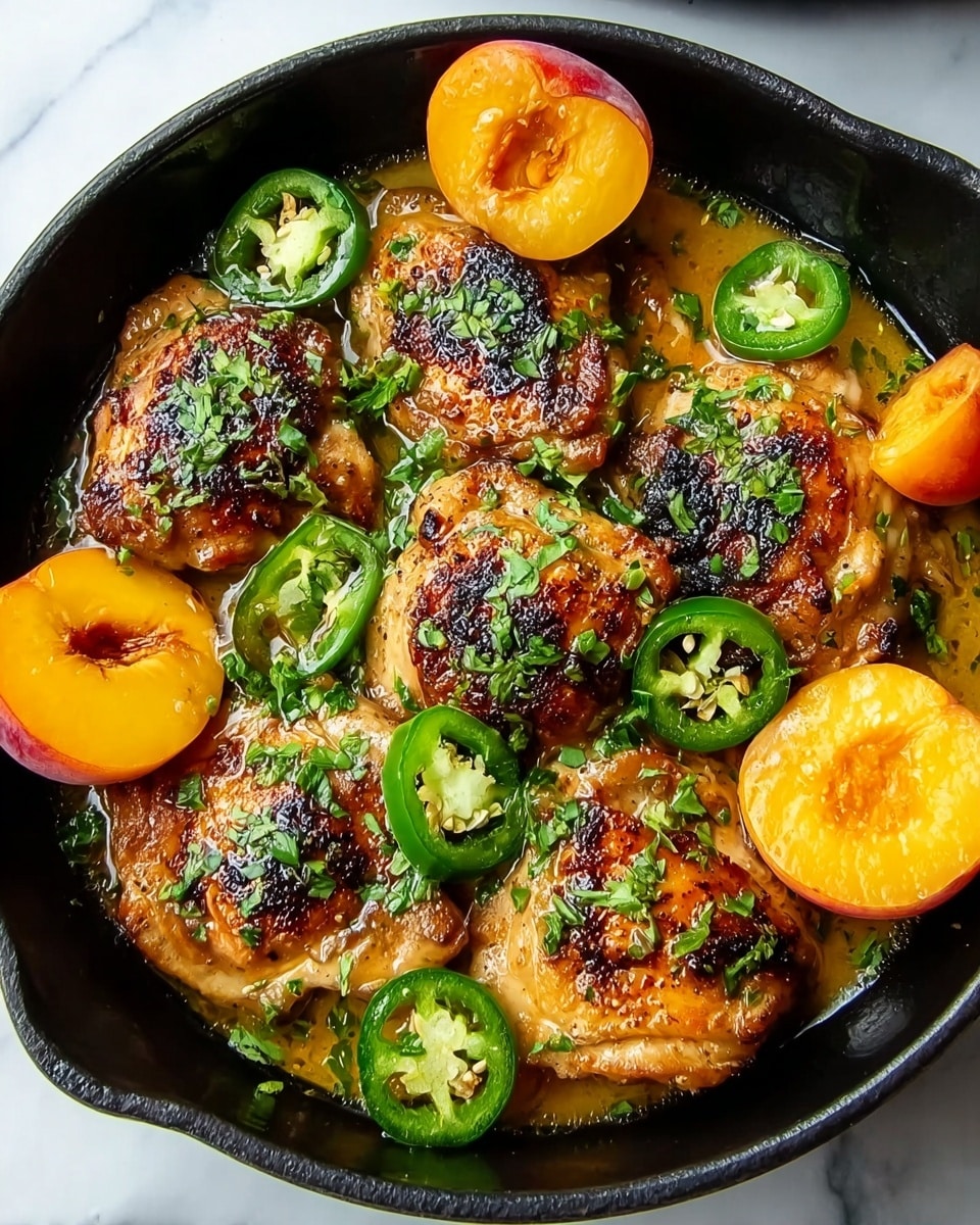 A black pan filled with six browned, grilled chicken pieces, glistening with a light sauce. Scattered between the chicken are four halves of bright orange-yellow peaches and four slices of green jalapeño peppers with visible seeds. Fresh green herbs are sprinkled on top of the chicken and around the dish. The pan is placed on a white marbled surface. photo taken with an iphone --ar 4:5 --v 7