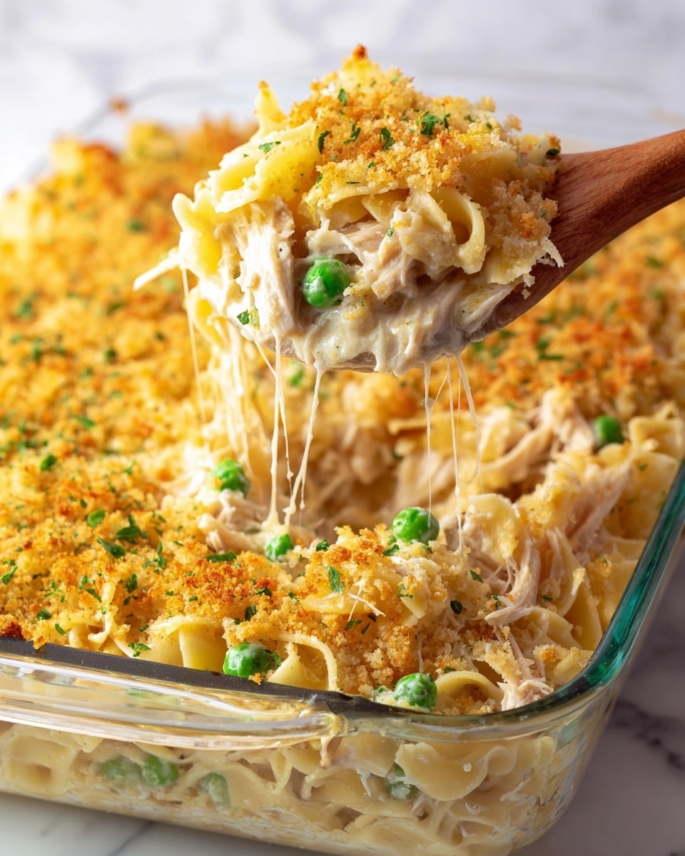 This image shows a close-up of a creamy casserole being scooped with a wooden spoon from a clear glass baking dish. The dish has several layers, starting with soft, curly egg noodles at the bottom, mixed with small green peas and shredded light brown chicken pieces. The middle layer is thick and creamy, coating the noodles and chicken with a smooth white sauce. The top layer is golden brown bread crumbs with tiny bits of green herbs sprinkled across, giving a crunchy texture to the dish. Some gooey melted cheese stretches from the dish to the spoon, making the casserole look rich and comforting on a white marbled surface. photo taken with an iphone --ar 4:5 --v 7