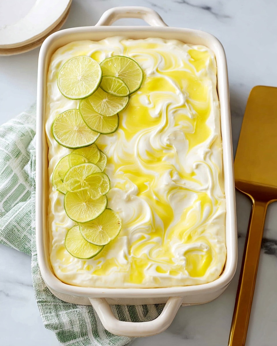 A rectangular white ceramic dish holds a layered dessert topped with a thick layer of creamy white frosting swirled with bright yellow lemon curd. In the top left corner, thin lime slices are neatly arranged in a small fan shape, adding a fresh green accent. The dish sits on a white marbled surface with a folded striped cloth underneath, and a gold cake server rests to the right side. The frosting has a smooth, fluffy texture with soft peaks. Photo taken with an iphone --ar 4:5 --v 7