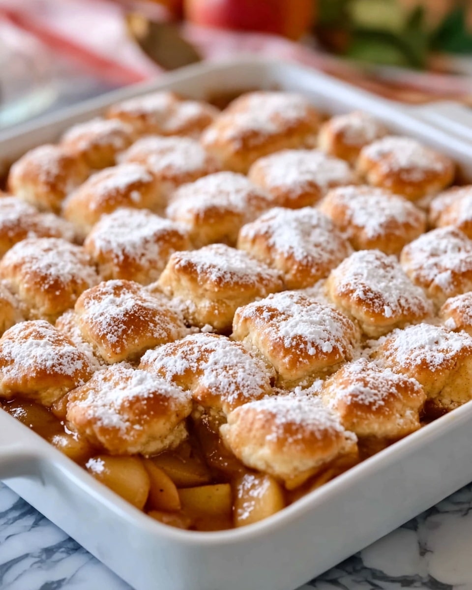 A rectangular white baking dish filled with a warm apple cobbler featuring a bottom layer of soft, cooked apple slices in a glossy, golden caramel sauce. On top, there are uneven pieces of golden-brown, crispy biscuit dough showing a light flaky texture, dusted with powdered sugar for a gentle white contrast. The dish sits on a white marbled surface with a partially visible cloth underneath. Photo taken with an iphone --ar 4:5 --v 7