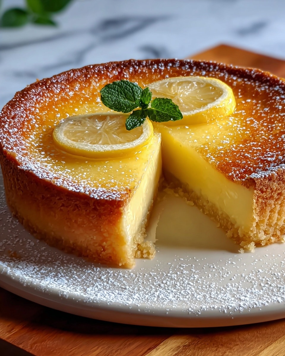 A thick lemon tart with two main layers is shown, the bottom layer is a light golden crust that looks crisp and firm, while the top layer is a smooth, glossy pale yellow lemon filling. A slice has been cut out, showing the even thickness of both layers. The top is decorated with two thin lemon slices and a small green mint leaf near the center. The tart sits on a white plate lightly dusted with powdered sugar, and the background is a white marbled texture. photo taken with an iphone --ar 4:5 --v 7