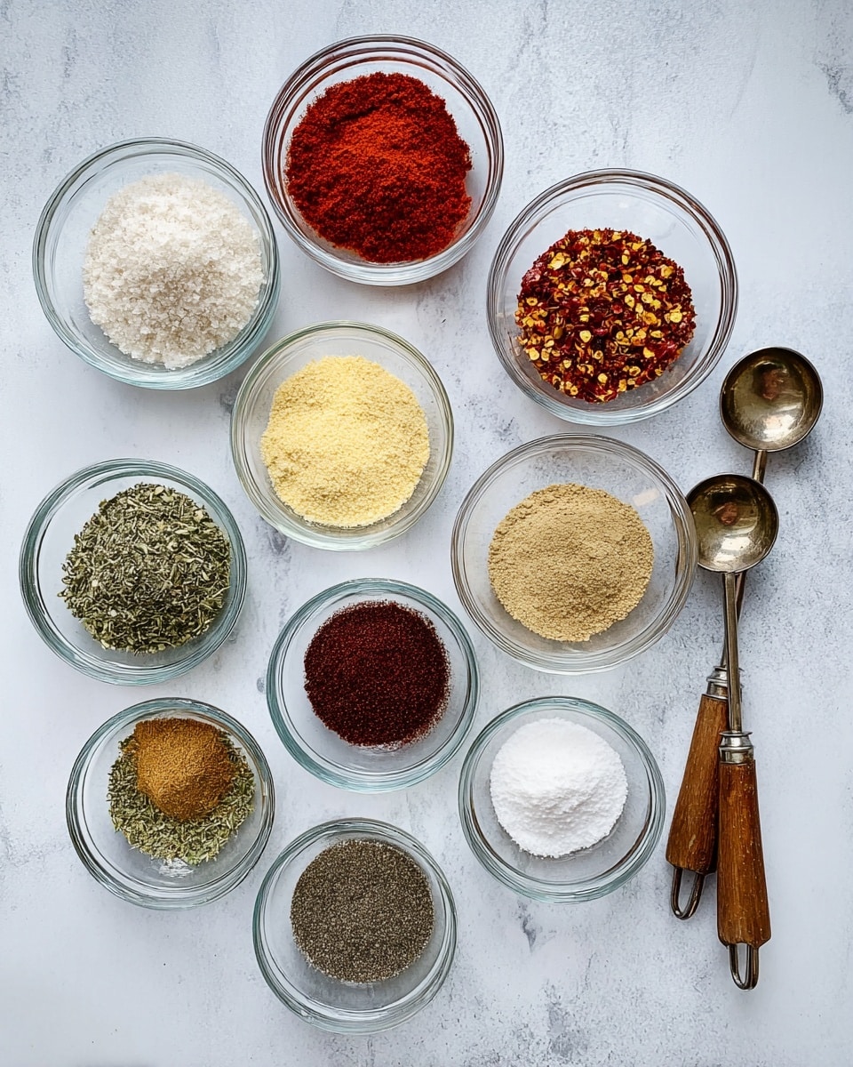 The image shows ten small clear glass bowls arranged on a white marbled surface, each filled with different spices and seasonings. The top row has three bowls: the first contains bright red paprika powder, the middle one holds coarse white salt, and the third has red chili flakes with yellow seeds. Below, from left to right, are bowls with light yellow garlic powder, brown ground cumin, and a deep red spice powder. The next row features a bowl with black pepper, while the bottom row has three bowls holding dried green herbs, light beige granulated seasoning, and a more finely ground pale powder. To the right of the bowls are two golden measuring spoons with wooden handles resting on the surface. photo taken with an iphone --ar 4:5 --v 7