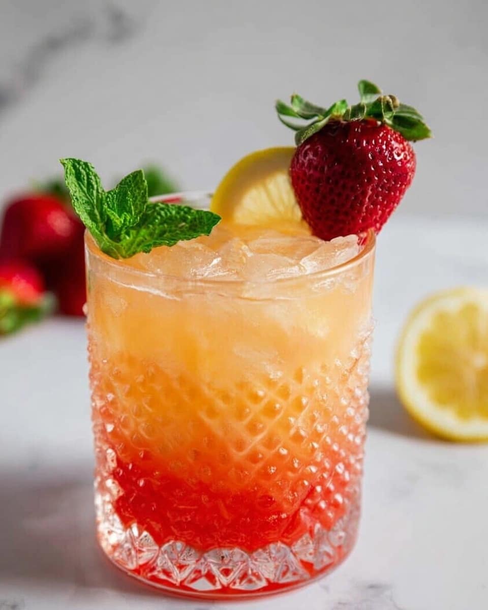 A clear glass with detailed round patterns holds a layered drink that fades from deep orange at the bottom to a lighter yellow-orange at the top, filled with ice cubes. On the rim, there is a bright red strawberry with green leaves, and a thin slice of lime is placed inside the glass near the top. A white marbled surface serves as the background with two strawberries blurred in the back and a slice of lime resting on the surface near the base of the glass. Photo taken with an iphone --ar 4:5 --v 7