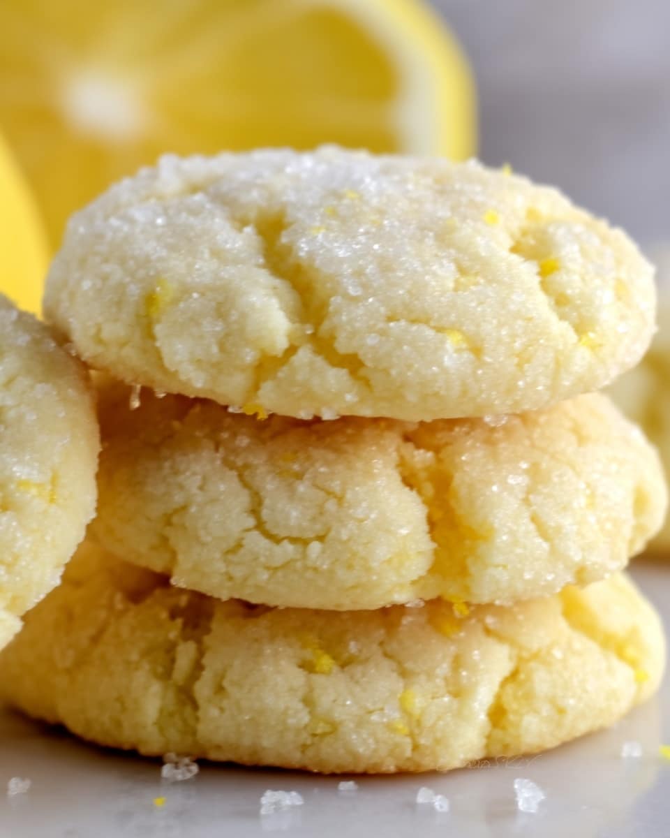A close-up image shows a stack of three soft lemon sugar cookies. The bottom cookie is slightly cracked with a pale yellow color and sugar crystals covering the surface, giving it a sparkly texture. The middle cookie rests neatly on top, also with sugar crystals and visible small lemon zest bits. The top cookie has a similar texture with a cracked surface and is the smallest, with a slice of bright yellow lemon softly blurred in the background. The cookies sit on a white marbled surface. Photo taken with an iphone --ar 4:5 --v 7