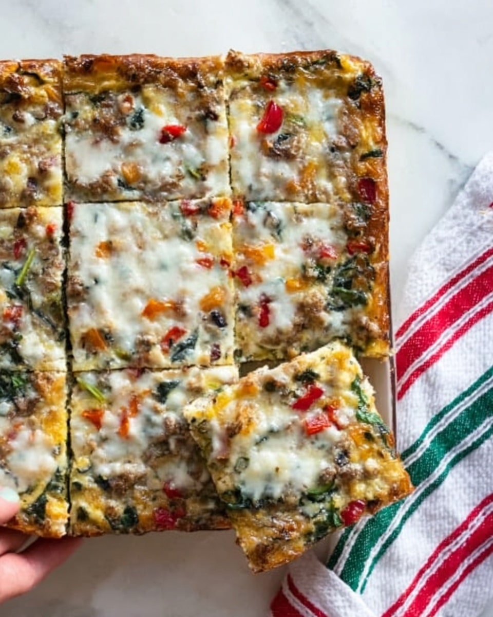 A clear glass baking dish contains a baked egg casserole cut into nine squares, with visible layers of melted white cheese on top, mixed with green leafy vegetables, red bell pepper pieces, and browned bits of cooked meat, all blending into a golden egg base. The dish sits on a white marbled surface next to a white cloth with red and green stripes. Photo taken with an iphone --ar 4:5 --v 7