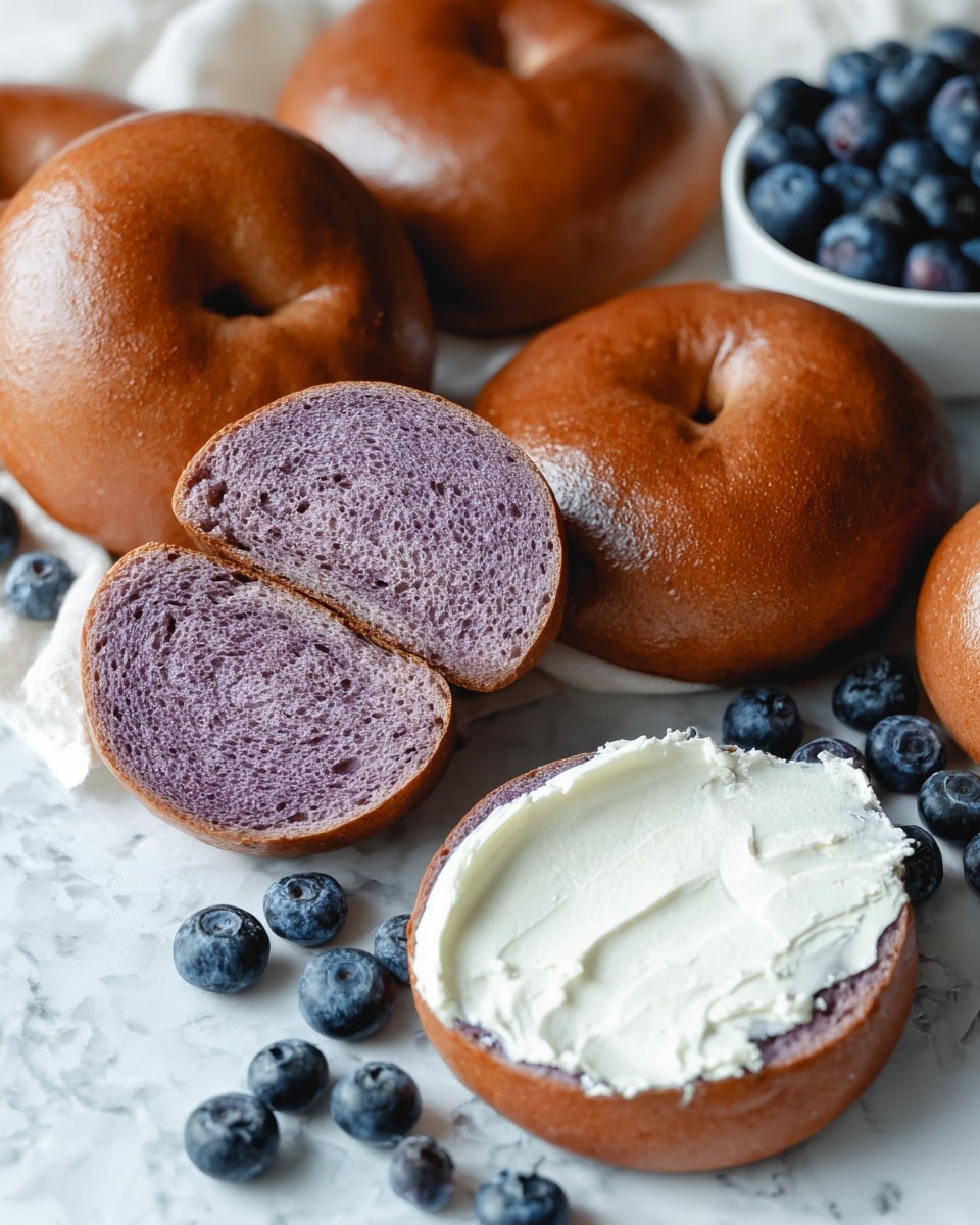 This image shows several toasted bagels with a smooth, shiny brown crust, arranged on a white marbled surface. One bagel is cut in half, revealing a soft, fluffy interior in a light purple color with a slightly marbled texture. Around the bagels, fresh blueberries are scattered, adding small bursts of deep blue. In the corner, there is a white bowl filled with plump blueberries and a spread of creamy, pale yellow cream cheese on one half of a bagel, which sits beside the other bagels. photo taken with an iphone --ar 4:5 --v 7