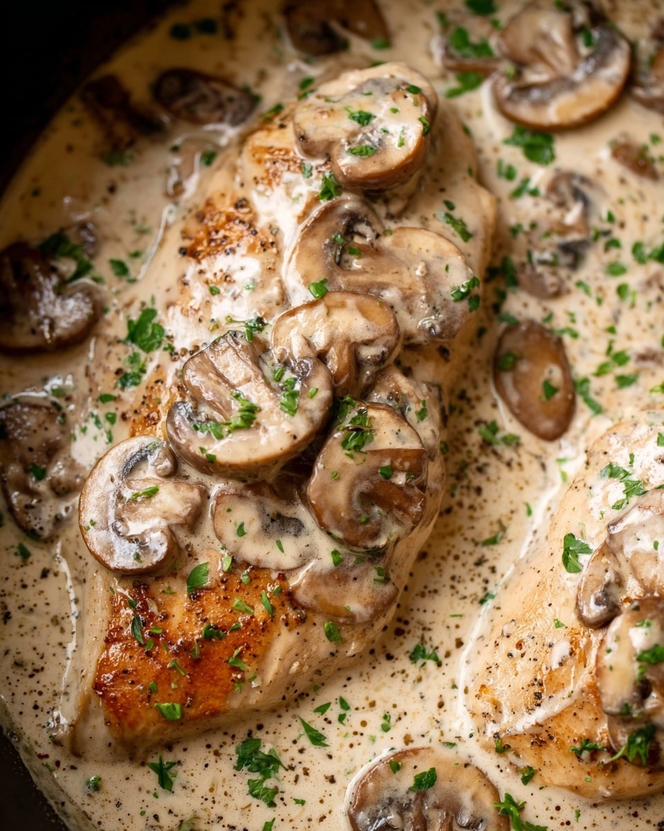 The image shows two golden-brown cooked chicken breasts partly covered with a creamy light beige sauce filled with many sliced brown mushrooms scattered around and on top. Bright green chopped parsley pieces are sprinkled over the chicken and sauce, adding a fresh color contrast. The dish is close-up, showing the smooth and rich texture of the sauce and the tender, juicy look of the chicken. The background is a white marbled texture. Photo taken with an iphone --ar 4:5 --v 7