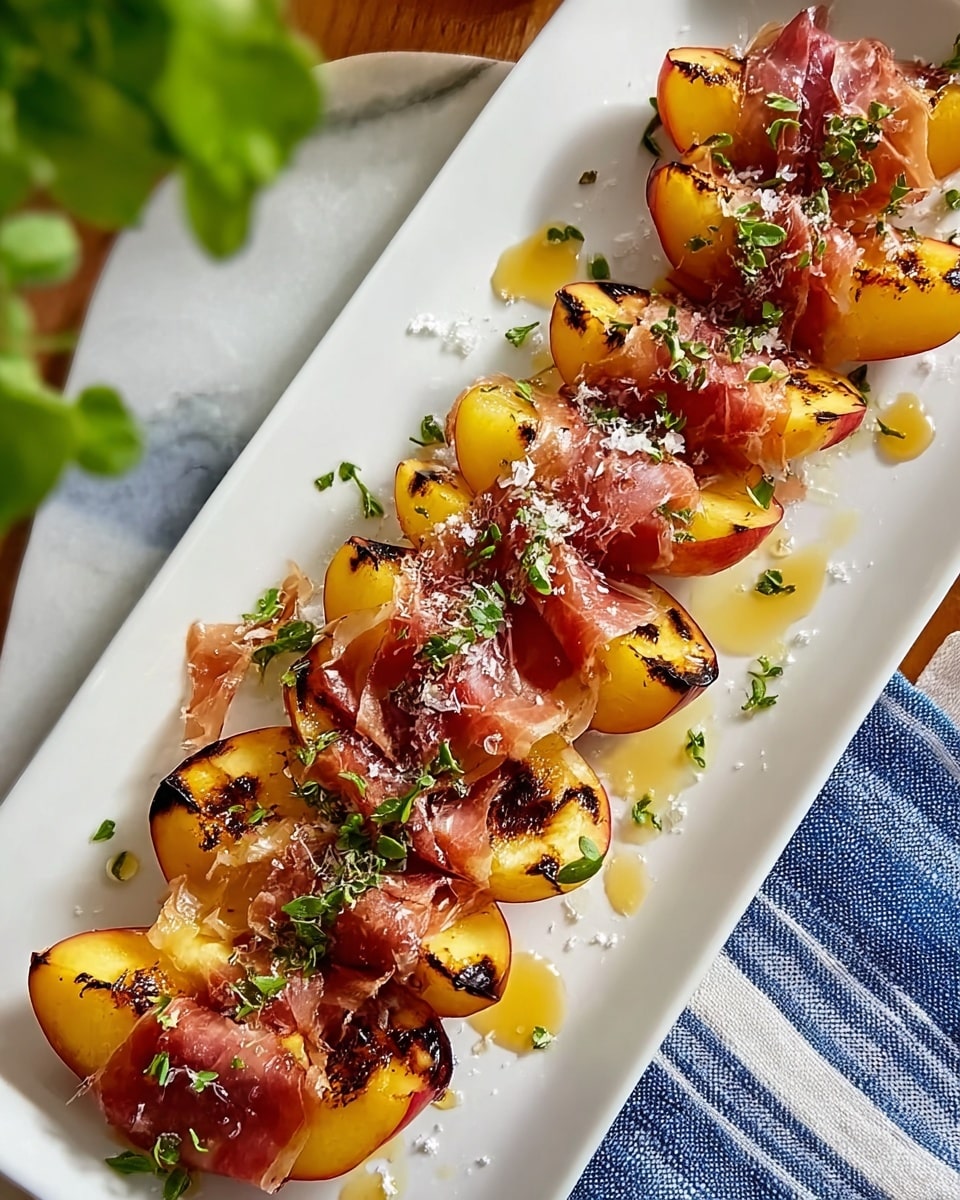 A white rectangular plate holds five grilled peach slices arranged in a single line, each slice showing dark brown grill marks and golden-yellow flesh with a hint of red skin. Each peach slice is wrapped with a thin, translucent slice of cured ham, adding a soft reddish-brown contrast to the bright fruit. Fresh green chopped herbs are sprinkled on top of the peaches and ham, along with tiny coarse salt crystals and a light drizzle of golden honey that gleams in the light. The plate rests on a white marbled surface, with part of a blue-striped cloth and green parsley visible in the background. photo taken with an iphone --ar 4:5 --v 7