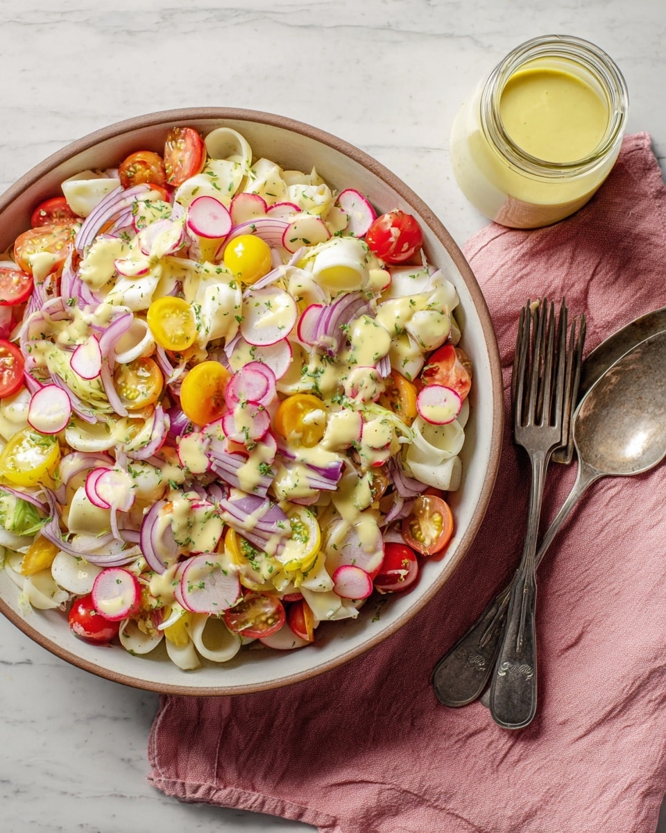 A large white bowl filled with a colorful salad sits on a white marbled surface. The salad has a base of mixed cherry tomatoes in red, yellow, and brown sliced in half, thinly sliced radishes with white centers and red edges, and rings of pale white hearts of palm scattered throughout. There are also thin slices of celery and finely chopped fresh green herbs mixed in. The whole salad is topped with a creamy light yellow dressing drizzled unevenly. Next to the bowl is a glass jar with more dressing and a fork and spoon placed on a soft pink cloth napkin. photo taken with an iphone --ar 4:5 --v 7