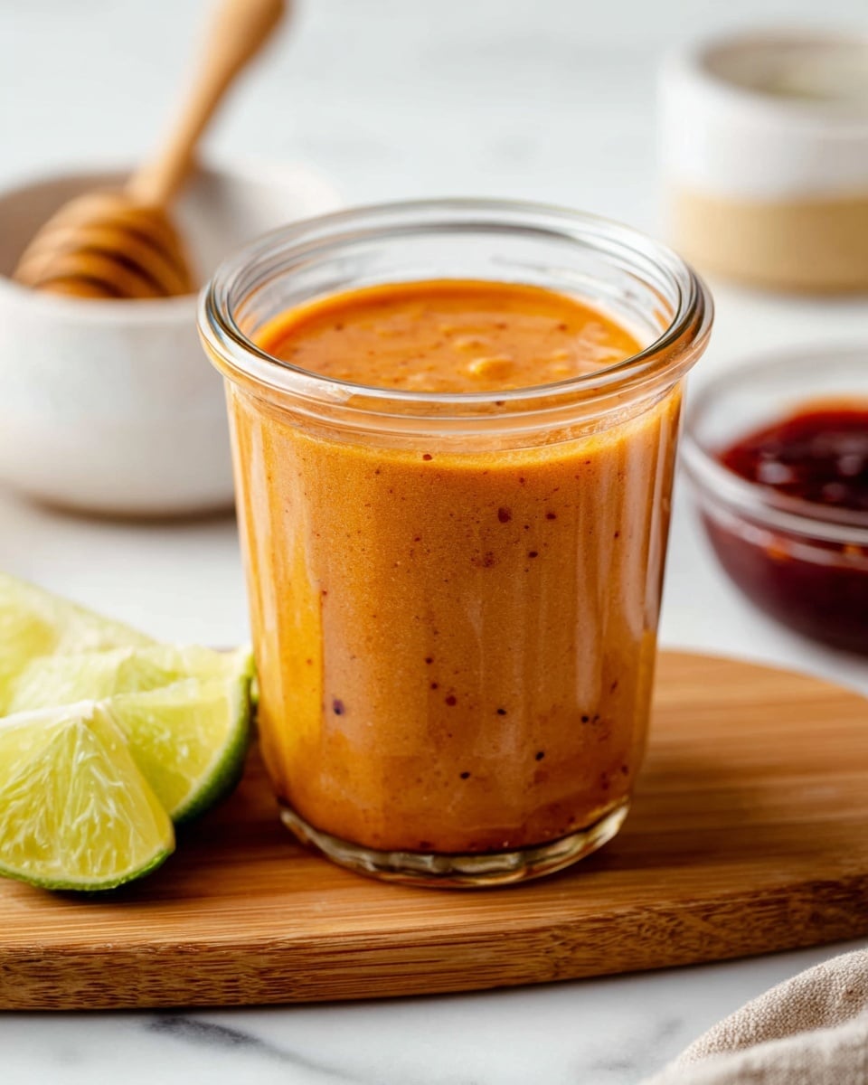A clear glass jar filled with a thick sauce that is deep orange with some darker orange-red spots throughout, sitting on a brown wooden board. In front of the jar is a small lime wedge, light green and yellow in color, resting on the board. In the background on the white marbled surface, there is a white bowl blurred with a honey dipper inside it and another glass bowl partially visible, containing a dark reddish sauce. photo taken with an iphone --ar 4:5 --v 7