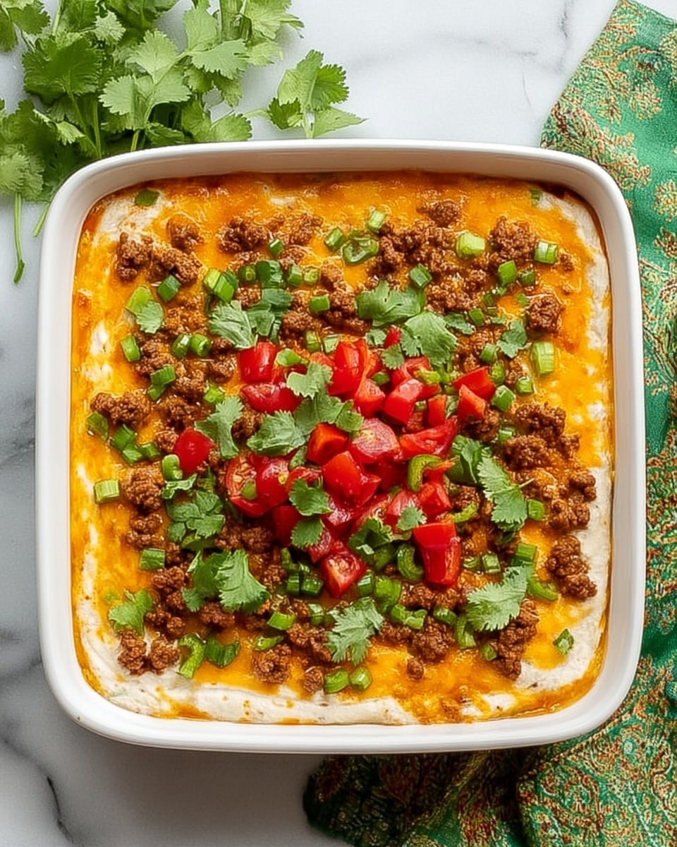 The dish is a square white ceramic baking dish filled with three visible layers: a base creamy white layer spread evenly, topped with a melted bright orange cheese layer, and a third layer of browned cooked ground meat scattered on top. This is decorated with fresh green herb leaves, bright red chopped tomatoes, and small diced green bell peppers. The dish sits on a white marbled surface with a green cloth partially visible on the right. Photo taken with an iphone --ar 4:5 --v 7