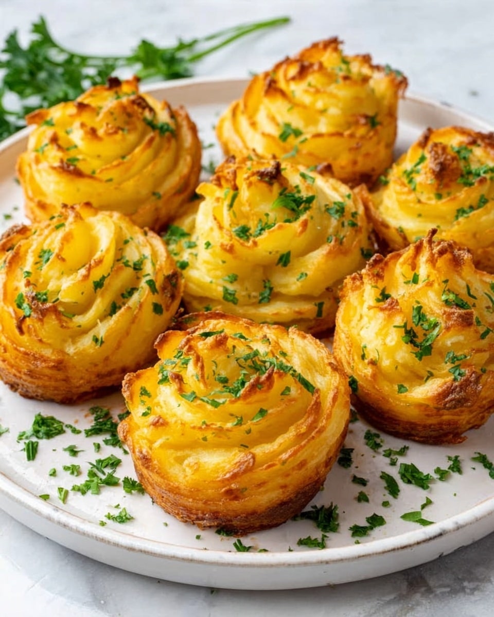 The image shows six swirled golden brown mashed potato puffs arranged neatly on a white plate. Each puff has a slightly crispy and textured surface with small green parsley pieces sprinkled on top. The plate sits on a white marbled surface, and the overall look is warm and appetizing, highlighting the soft inside and crunchy outside of the potato puffs. photo taken with an iphone --ar 4:5 --v 7