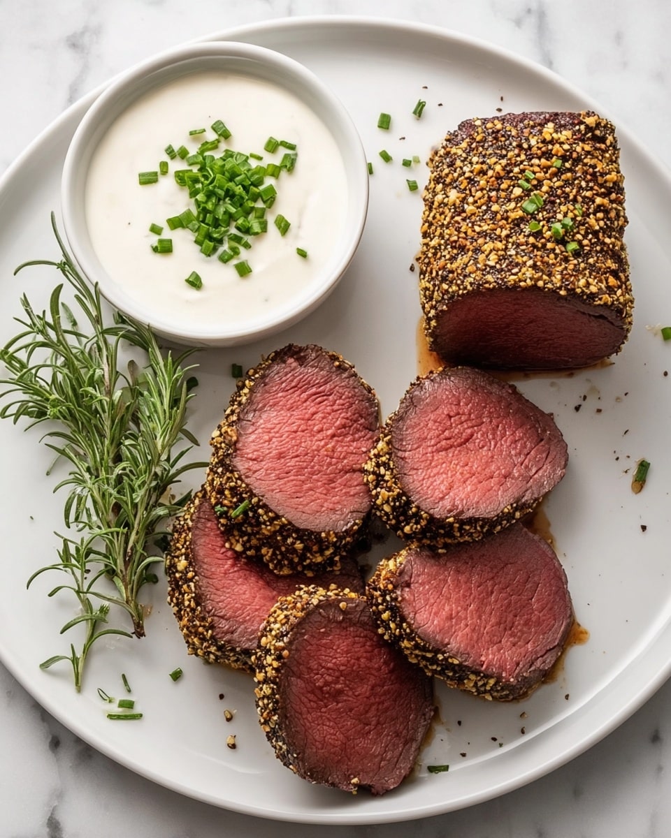 The image shows a white plate on a white marbled surface with two rectangular pieces of medium-rare beef roasts covered on top with a layer of golden crunchy seasoning mixed with herbs. Next to these are six round, evenly sliced pieces of beef arranged in a curved line, revealing a bright pink center with a dark brown crust seasoned with cracked pepper and herbs. On the side, there is a small white bowl filled with a creamy white sauce topped with finely chopped green chives. Two fresh green rosemary sprigs lie beside the beef roasts on the plate. Photo taken with an iphone --ar 4:5 --v 7