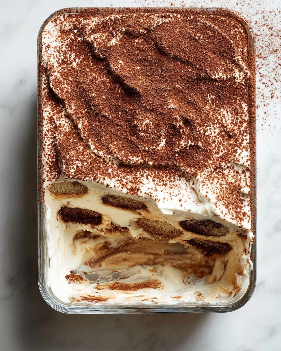 A rectangular glass dish filled with a layered dessert. The top layer is thick and creamy white, generously covered with a fine dusting of cocoa powder in a rich brown color. Below the top, there is a visible layer of soaked dark brown sponge or cookie soaked in liquid, followed by another creamy layer that looks smooth and pale beige with slight swirls of coffee or cocoa tones. The dish rests on a white marbled surface. photo taken with an iphone --ar 4:5 --v 7
