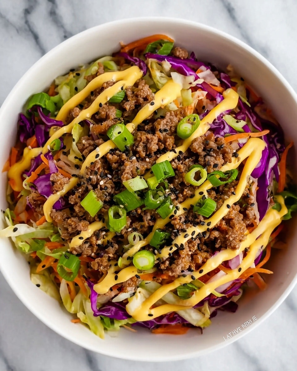 A white bowl filled with a layered salad starting with a bottom layer of shredded green and purple cabbage along with thin carrot strips, adding vibrant orange and deep purple colors. On top, there is a generous layer of crumbled cooked ground meat with a slightly crumbly and browned texture. The meat is drizzled with a yellow creamy sauce in thin lines and sprinkled with small black sesame seeds. Bright green chopped scallions are scattered over the top, adding a fresh touch. The bowl is placed on a white marbled surface. photo taken with an iphone --ar 4:5 --v 7