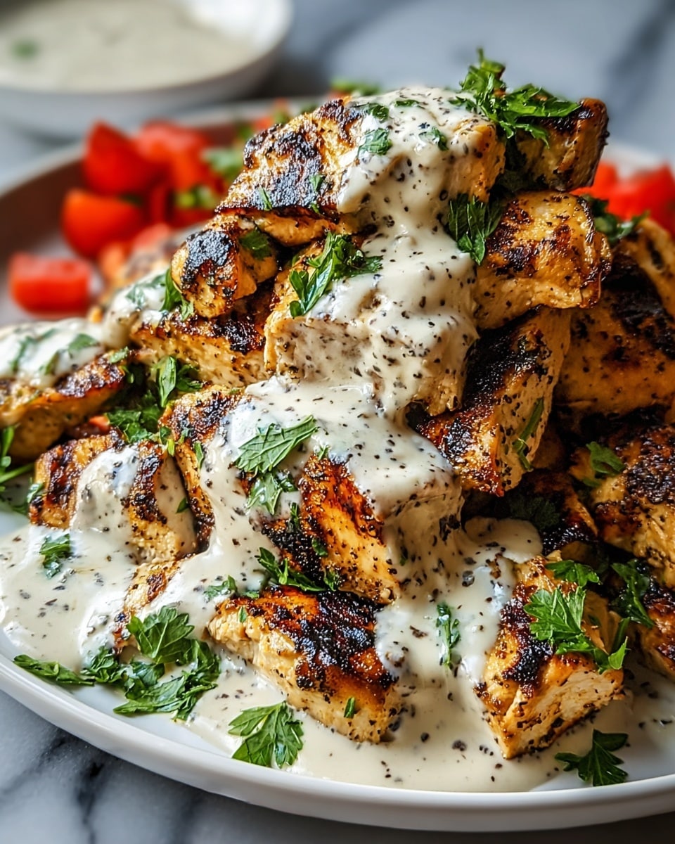 The dish shows several pieces of grilled chicken stacked in a white plate, each piece showing a golden brown color with dark grill marks, giving a crispy texture on the outside and juicy inside. On top, there is a creamy white sauce with specks of black pepper, drizzled mostly over the central pieces, slightly dripping down the sides. Fresh chopped green herbs are sprinkled over the chicken and sauce, adding a pop of color. In the background on the edge of the plate, small pieces of red tomatoes can be seen. The whole plate is placed on a white marbled surface. photo taken with an iphone --ar 4:5 --v 7