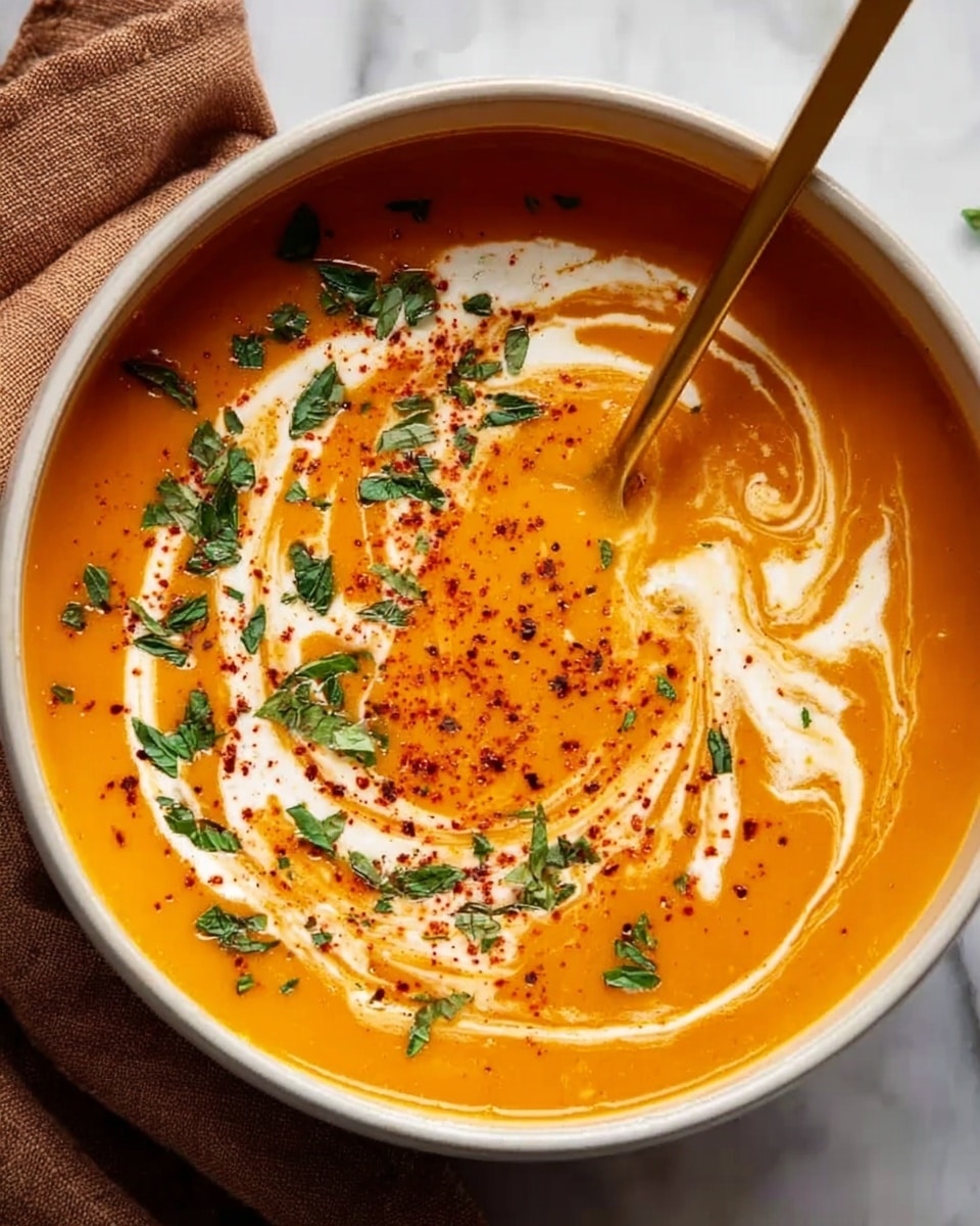 This image shows a close-up of a white pot filled with bright orange creamy soup, likely pumpkin or carrot. The soup has a smooth texture with white cream swirled in a circular pattern on top. Small pieces of green herbs are scattered around the cream, adding fresh color. A sprinkle of red chili powder is spread over the soup, giving a spicy look. A gold spoon is placed in the soup, with a woman's hand holding the pot's handle visible on the left side. The pot sits on a white marbled surface. photo taken with an iphone --ar 4:5 --v 7