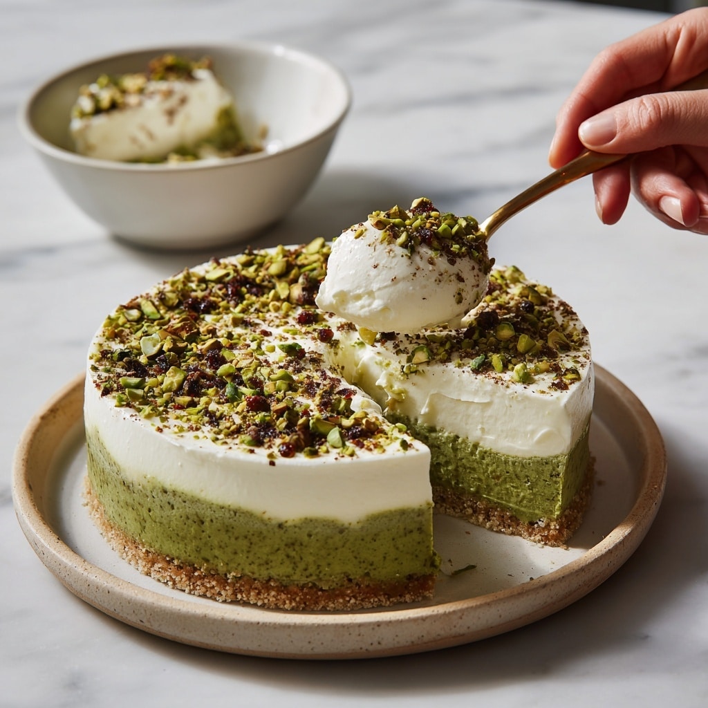 The image shows a round dessert in a black pan with one large scoop taken out, revealing three layers: a bottom crumbly brown crust, a middle thick green cream layer, and a top smooth white cream layer sprinkled with small dark and light brown pieces. A silver spoon rests inside the pan on the removed portion, and a white bowl with a small serving of the dessert sits nearby on a white marbled surface. A woman's hand holds the bowl’s edge. photo taken with an iphone --ar 4:5 --v 7