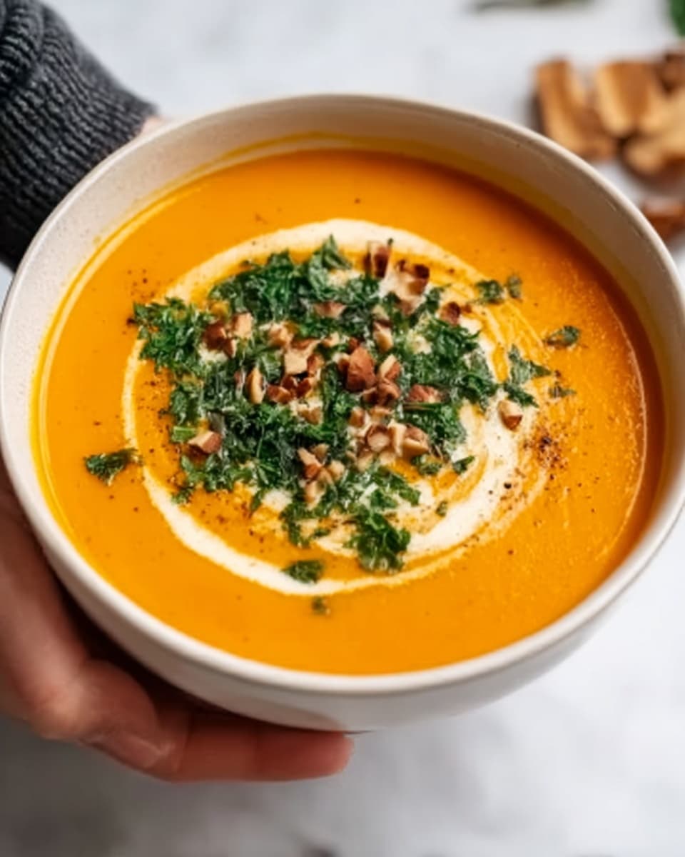 A white bowl filled with smooth orange soup, topped with a swirl of white cream in the center. On top of the cream, there are small green herb pieces, chopped fresh herbs, and a few toasted seeds scattered around. A woman's hand is holding the bowl on the left side. The background surface is a white marbled texture. Photo taken with an iphone --ar 4:5 --v 7