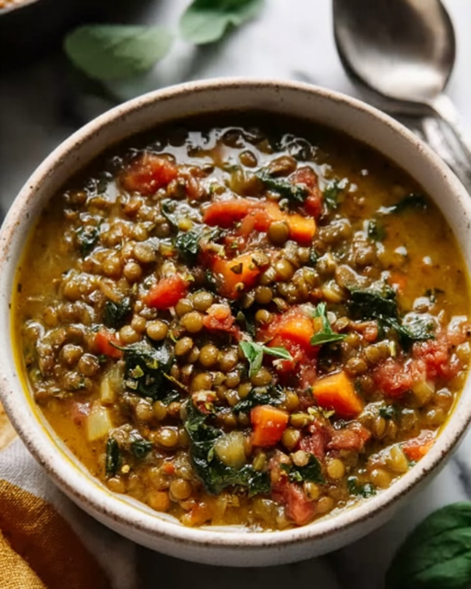 The image shows a bowl full of thick lentil soup with visible green lentils, bright orange carrot pieces, and small bits of green herbs floating on top. The soup looks hearty and full of small ingredients like onions and spices, giving it a textured appearance with orange, green, brown, and yellow tones mixed throughout. The bowl is white and sits on a white marbled surface, with some green leafy herbs and part of a spoon visible in the background. Photo taken with an iphone --ar 4:5 --v 7