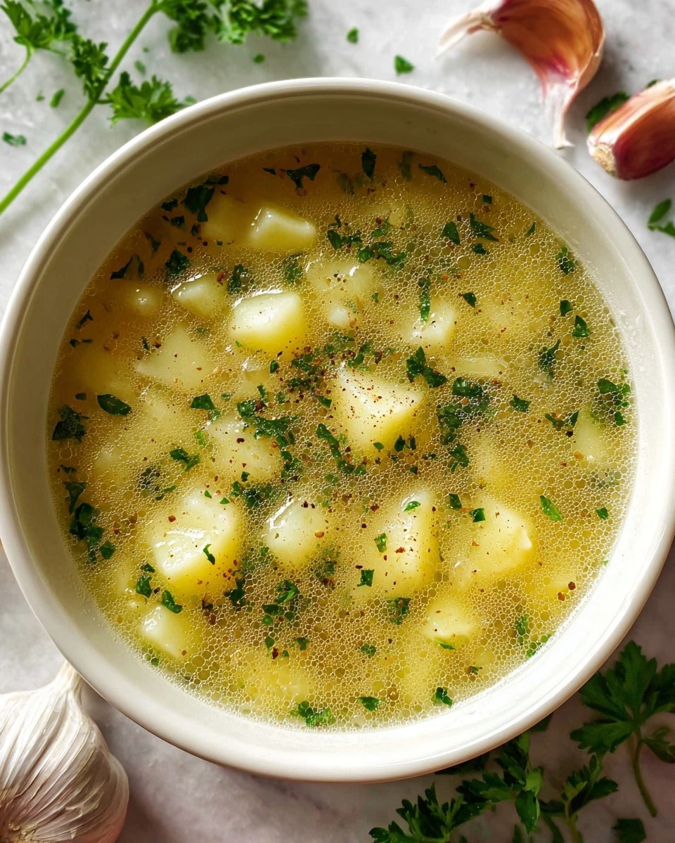 A close-up view of a white bowl filled with potato soup, showing a clear yellow broth with small cubes of pale yellow potatoes and bits of cooked onion floating throughout. The top is sprinkled with fresh chopped green herbs and a light dusting of black pepper, creating a speckled texture. The bowl is placed on a white marbled surface with garlic bulbs and parsley leaves nearby, adding a fresh touch. In the background, part of another white bowl with a thick orange soup is visible. photo taken with an iphone --ar 4:5 --v 7
