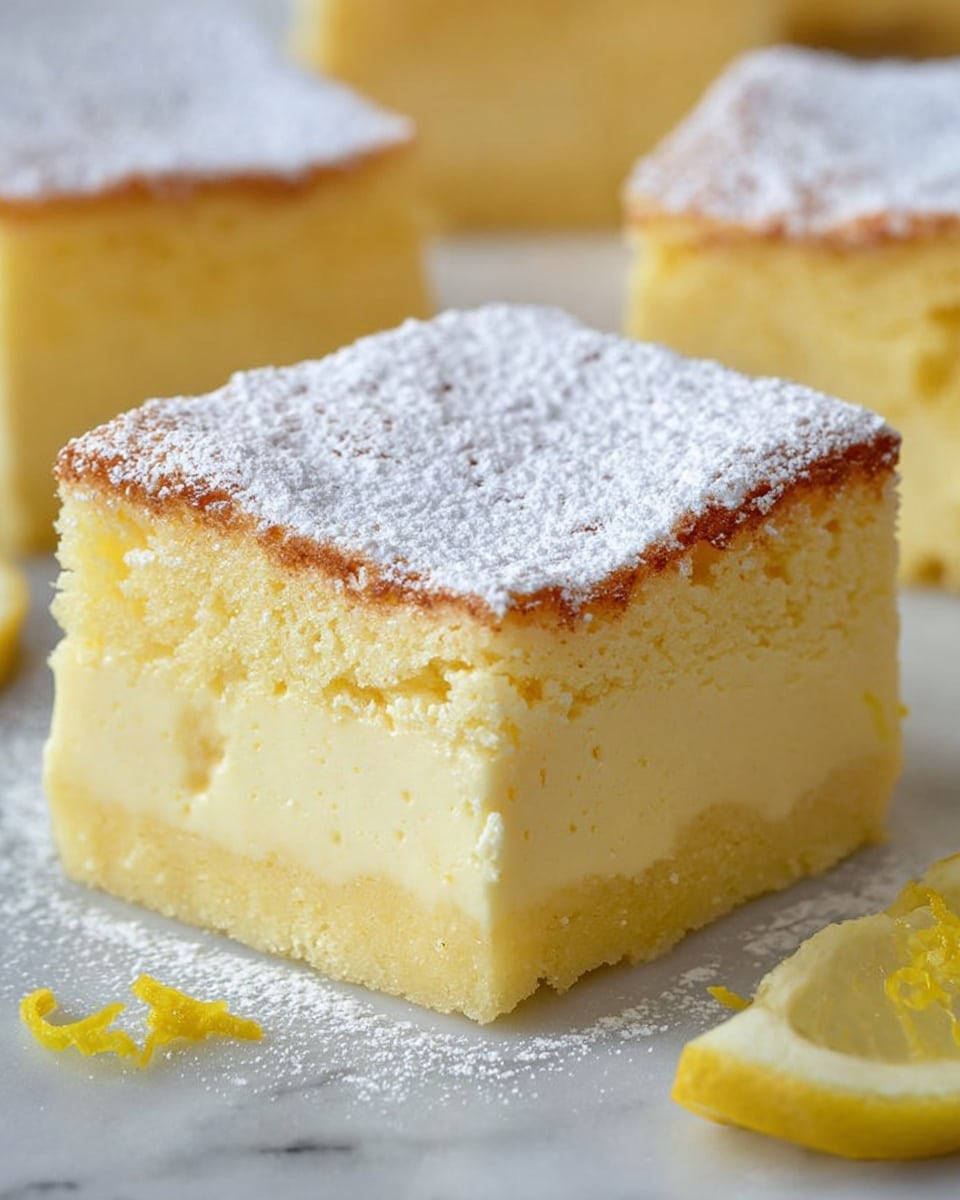 The image shows a close-up of a square dessert piece with two visible layers on a white marbled surface. The bottom layer is thick, smooth, and creamy with a pale yellow color, resembling custard or lemon filling. The top layer is a soft, fluffy cake with a light yellow color, dusted evenly with powdered sugar, giving it a snowy white finish. Small pieces of lemon zest and lemon slices are scattered around the dessert on the surface, adding a fresh and bright touch. In the background, there are blurred pieces of the same dessert, also with two layers and powdered tops, creating a soft, inviting look. photo taken with an iphone --ar 4:5 --v 7