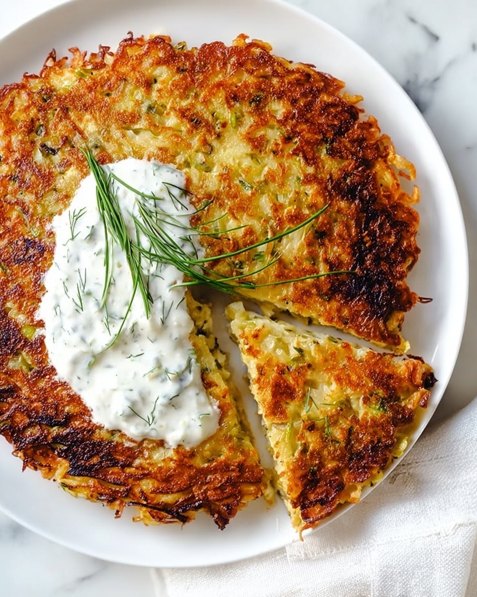 A round, golden-brown potato pancake with a crispy, slightly charred texture sits on a white plate. The pancake is cut into several wedge-shaped pieces, with one piece slightly separated to show the soft, pale yellow inside mixed with green bits of herbs. On top of the pancake is a thick layer of creamy white sauce with small green herb flecks, spread over a few slices, and garnished with bright green dill sprigs and thin, round slices of green onion. The plate rests on a white marbled surface with a white cloth nearby. Photo taken with an iphone --ar 4:5 --v 7
