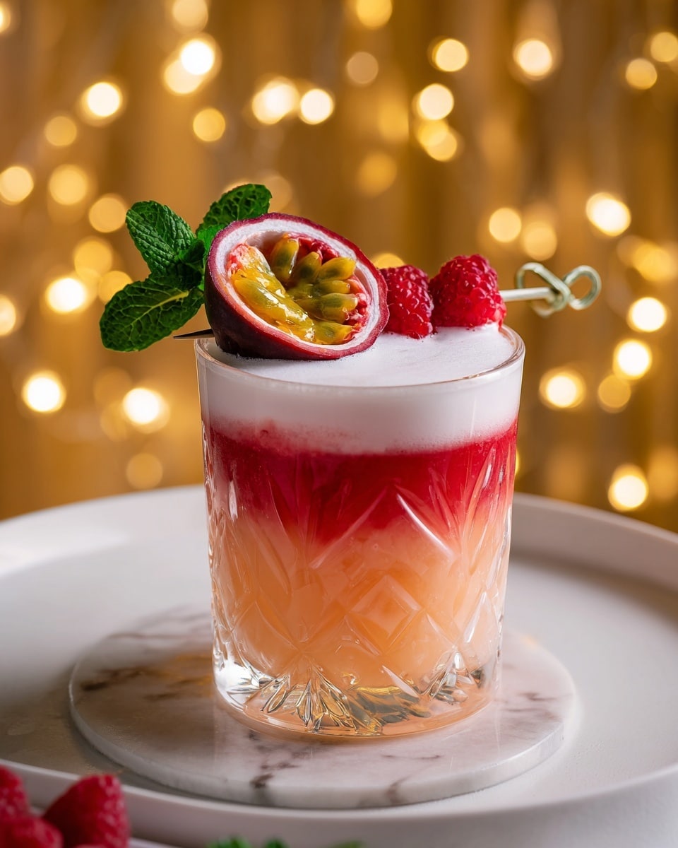 A short clear glass with a diamond pattern holds a three-layer cocktail, starting with a deep red bottom layer with a slightly uneven texture, a middle cloudy light orange layer blending softly into the top, and a thick foamy white layer crowning the drink. Garnishing the rim is a skewer with a halved passion fruit showing bright yellow pulp, two fresh red raspberries with tiny dimples, and two bright green mint leaves. The drink sits on a round white plate on a white marbled surface, with blurry warm yellow fairy lights glowing softly in the background. photo taken with an iphone --ar 4:5 --v 7