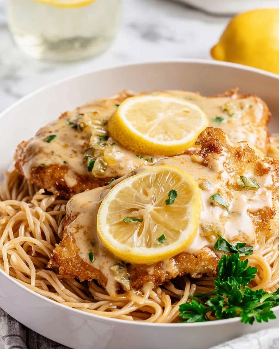 The image shows a white plate filled with a bed of light beige spaghetti noodles at the bottom. On top are two pieces of golden-brown chicken breast covered in a shiny, orange-colored creamy sauce with specks of chopped green herbs. Each piece of chicken is garnished with a thin lemon slice, one on the top and the other on the side. A small sprig of fresh green parsley rests on the right edge of the plate. The background features a white marbled surface with a clear glass of water and part of another white plate visible in the out-of-focus background. Photo taken with an iphone --ar 4:5 --v 7