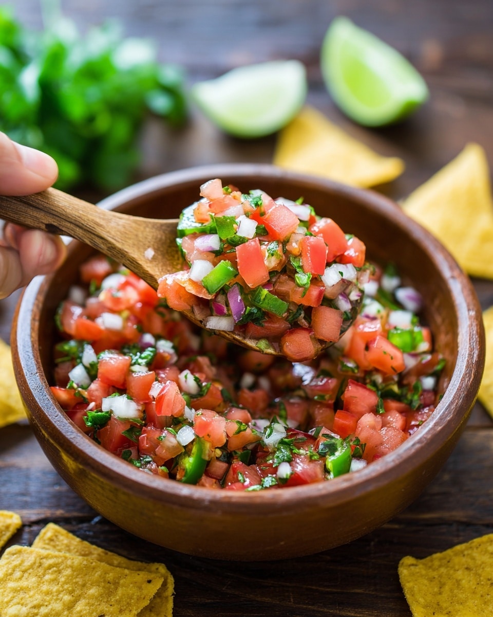 A close-up of a bowl with fresh pico de gallo salsa showing three main layers: a base layer of red chopped tomatoes, a middle layer of white diced onions, and a top layer of sliced green jalapeños and cilantro leaves mixed throughout. The salsa sits in a round brown bowl with two small handles, and a wooden spoon is scooping some, showing the fresh, juicy, and slightly moist texture of the vegetables. Around the bowl are a few yellow tortilla chips scattered on a white marbled surface, with lime wedges and some green cilantro blurred in the background. A woman's hand is holding the wooden spoon. Photo taken with an iphone --ar 4:5 --v 7