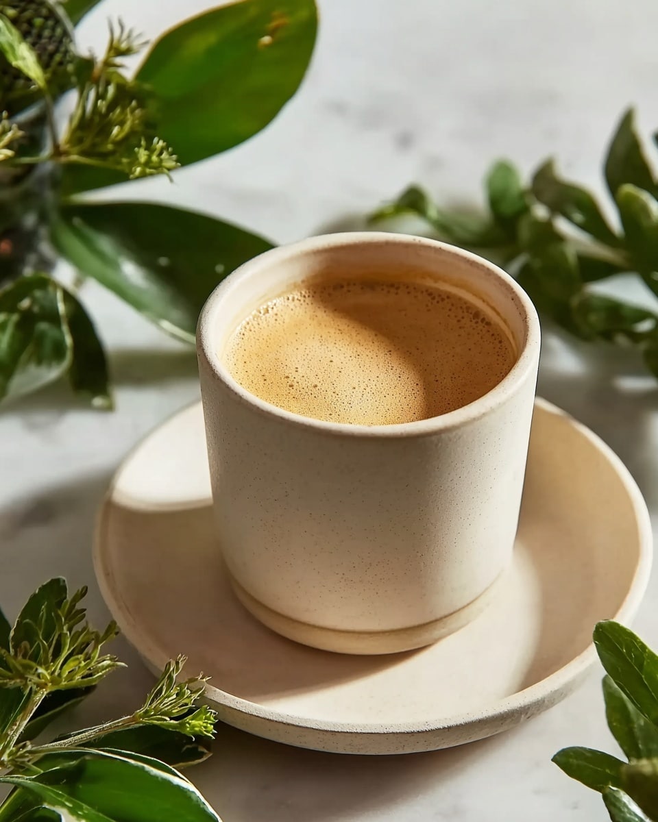 A creamy light brown coffee drink fills a smooth, pale beige ceramic cup, sitting on a matching pale beige saucer. The coffee has a layer of foamy crema with tiny bubbles on top. The cup and saucer rest on a white marbled surface, with green leafy plants blurred softly in the background. The scene is warm and natural. photo taken with an iphone --ar 4:5 --v 7