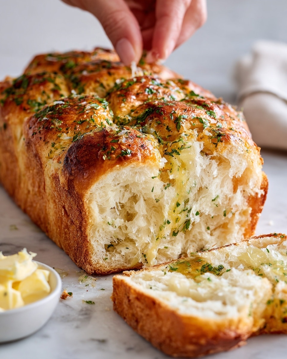 The image shows a loaf of golden brown garlic bread with a soft, fluffy texture inside. The bread has cuts on the top, which are filled with melted butter, herbs, and garlic, making the surface shiny and slightly crispy. Small flecks of green herbs are spread evenly on the bread's top crust, adding color contrast to the golden hue. A small white bowl with a light spread, possibly butter, is blurred in the background on a white marbled surface. A woman's hand is gently holding one piece of the bread, pulling it slightly away from the loaf. Photo taken with an iphone --ar 4:5 --v 7