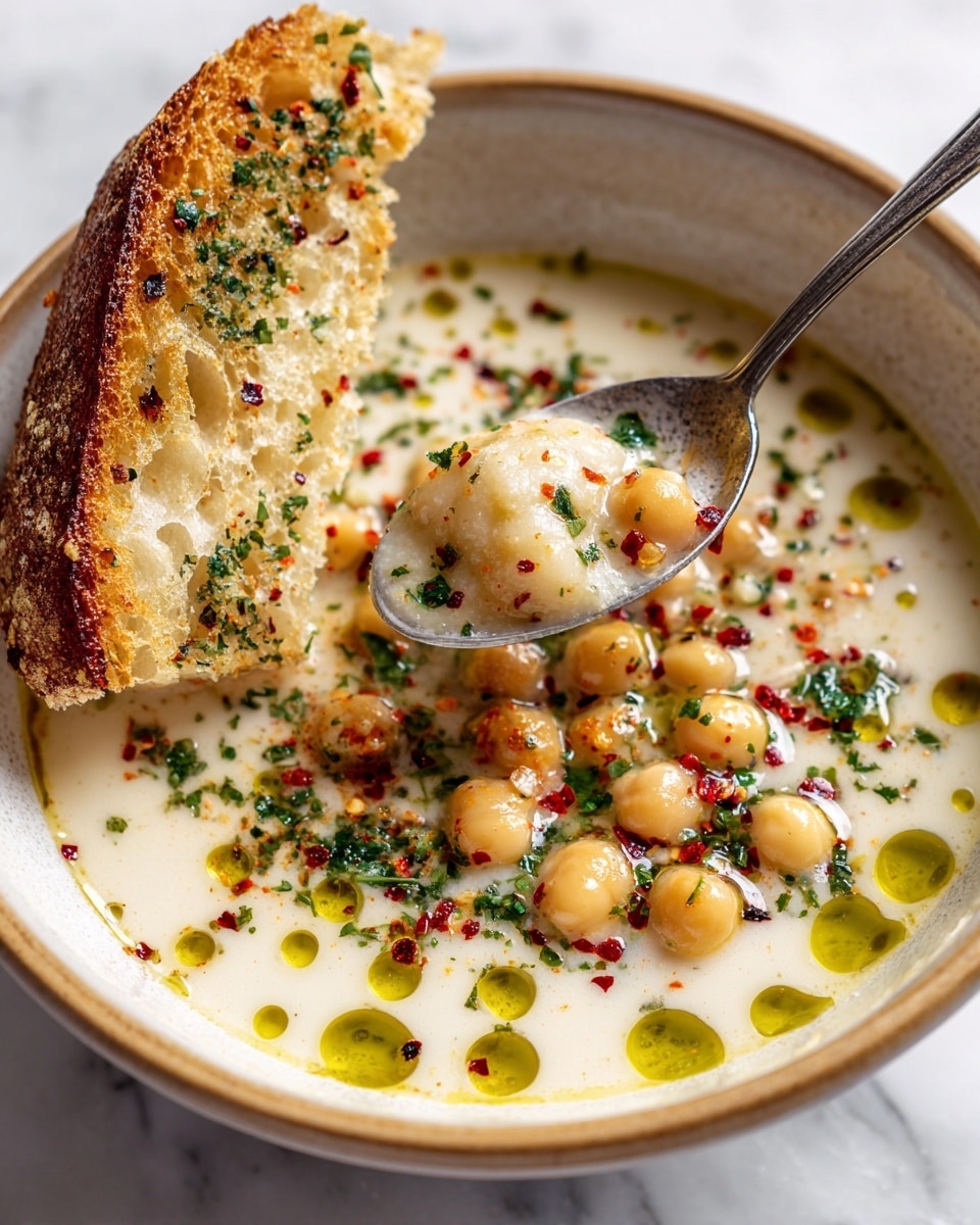 A close-up view of a bowl filled with creamy white soup containing soft, small dumplings. The soup is topped with small dots of green olive oil and sprinkled with red chili flakes and dried herbs, adding pops of red, green, and tiny black specks on the surface. One dumpling is held above the bowl by a silver spoon, showing its smooth and slightly bumpy texture drenched in the soup. A thick slice of bread with visible herbs and a golden-brown crust rests inside the bowl on one side. The bowl itself is off-white with a light brown rim, placed on a white marbled surface. Photo taken with an iphone --ar 4:5 --v 7