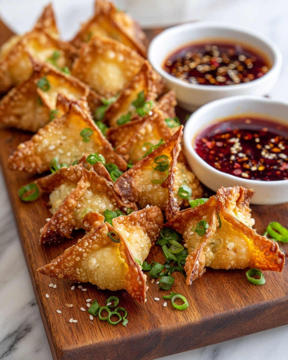 A wooden board holds two rows of golden brown fried wontons, each folded into a triangle showing crispy, bubbly texture on their surface. The wontons are drizzled with a shiny dark red sauce, scattered with small white sesame seeds and topped with finely chopped bright green onions and bits of light green lettuce. On the right side of the board, there are two white ramekins filled with dark red dipping sauce containing chili flakes. The background shows a white marbled texture. photo taken with an iphone --ar 4:5 --v 7