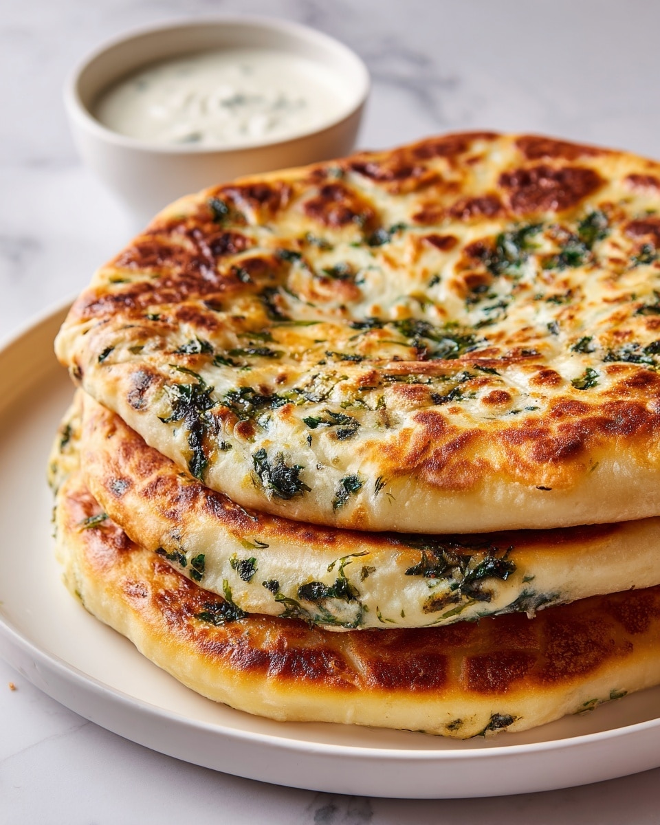 The image shows three thick, round, golden-brown flatbreads stacked on a white plate, each about two layers thick. The breads have a soft, doughy texture with uneven golden spots and patches of dark green herbs or spinach spread both on the top and embedded inside the bread. The top bread is lifted slightly, showing its thick side, which reveals the flecks of green throughout. In the background, a small white bowl with a creamy white sauce can be seen, all set on a white marbled texture. photo taken with an iphone --ar 4:5 --v 7