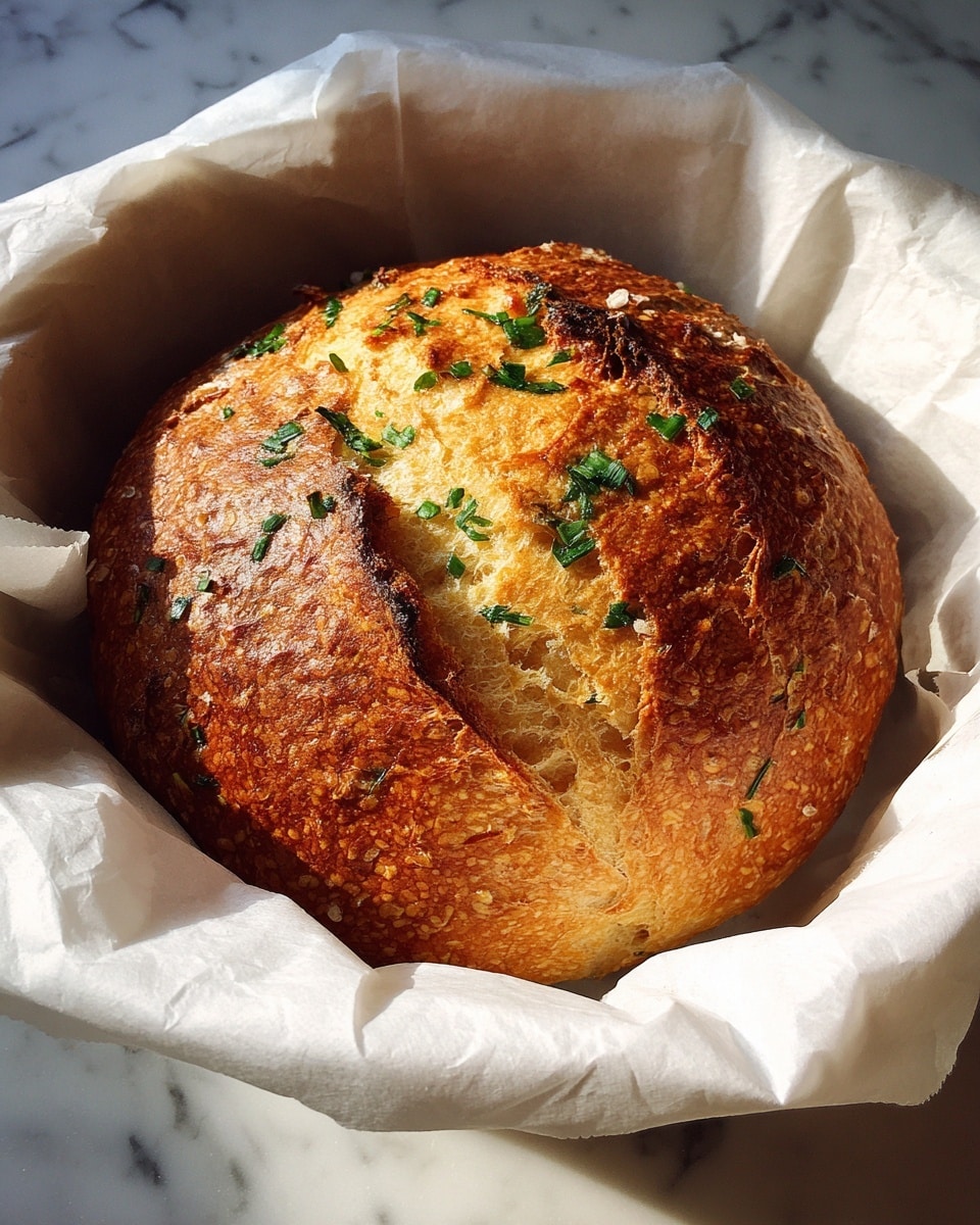 The image shows a round loaf of bread with a golden-brown crust. The top layer is textured with crispy, slightly cracked edges and garnished with tiny bits of green herbs. The inside of the bread, visible through a crack on the surface, looks soft and light. The loaf is placed inside a white baking paper-lined container on a white marbled surface. Photo taken with an iphone --ar 4:5 --v 7