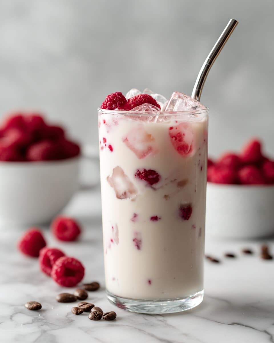 A clear glass filled with a creamy white milk drink that has small red raspberry pieces mixed inside, topped with whole red raspberries and ice cubes, with a metal straw inserted on the right side. In the background, there is a blurred white glass with a pink drink and a white bowl filled with red raspberries on a white marbled surface scattered with a few loose raspberries and coffee beans. Photo taken with an iphone --ar 4:5 --v 7